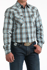 Cinch Mens Cinch Modern Fit Blue Plaid Two Pocket Long Sleeve Western Snap Shirt