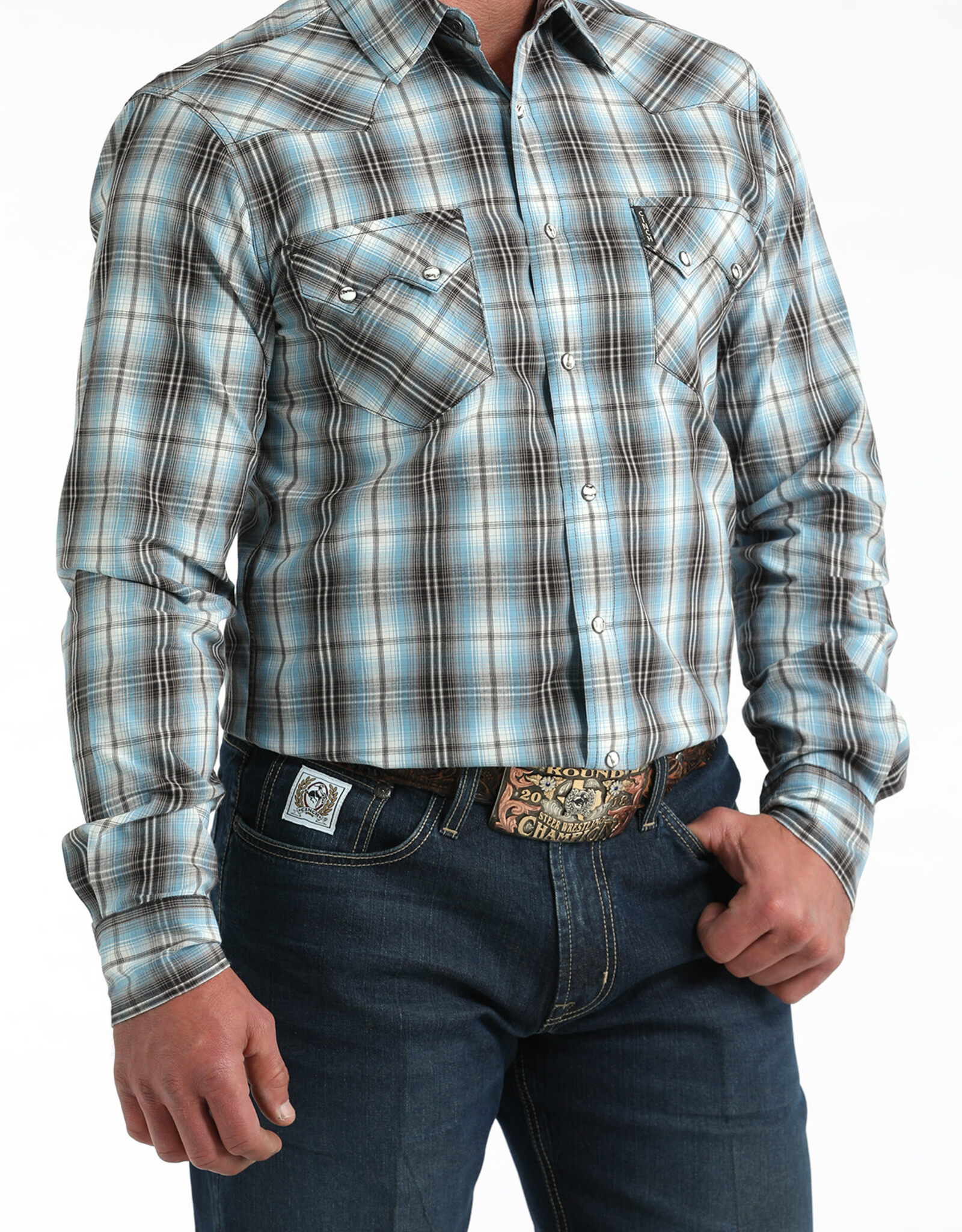 Cinch Mens Cinch Modern Fit Blue Plaid Two Pocket Long Sleeve Western Snap Shirt