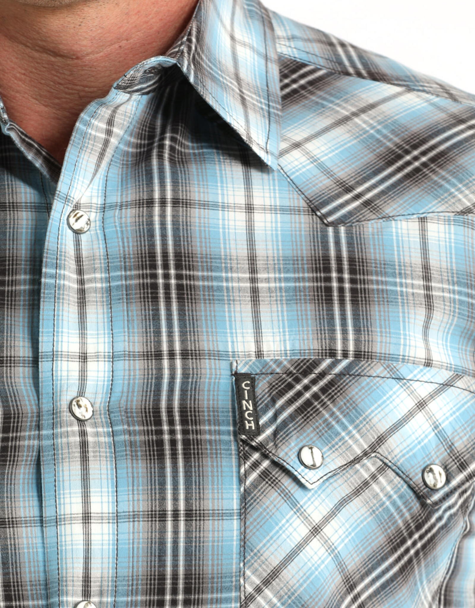 Cinch Mens Cinch Modern Fit Blue Plaid Two Pocket Long Sleeve Western Snap Shirt