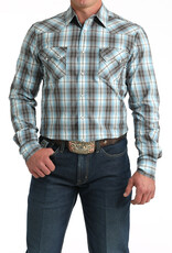 Cinch Mens Cinch Modern Fit Blue Plaid Two Pocket Long Sleeve Western Snap Shirt