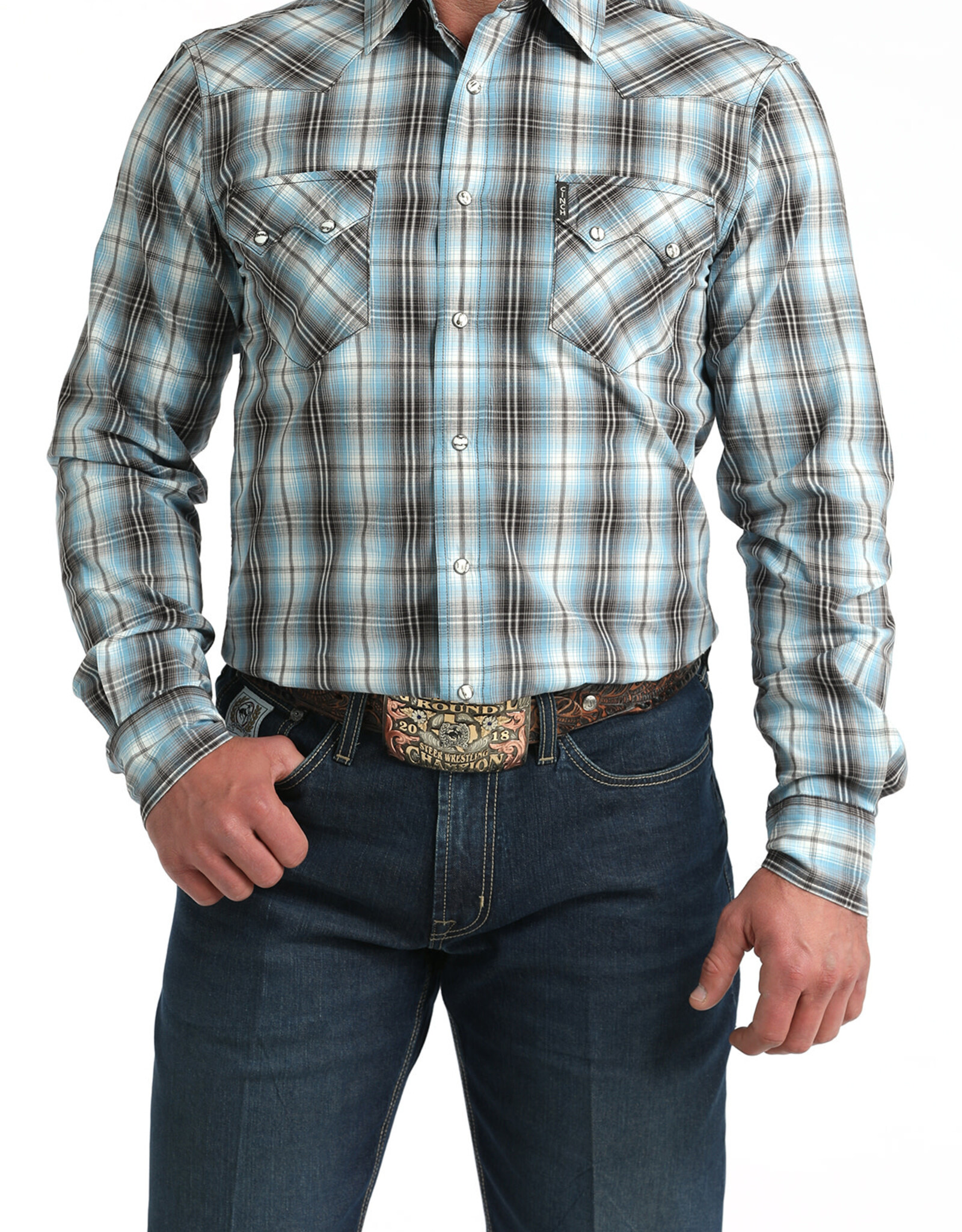 Cinch Mens Cinch Modern Fit Blue Plaid Two Pocket Long Sleeve Western Snap Shirt