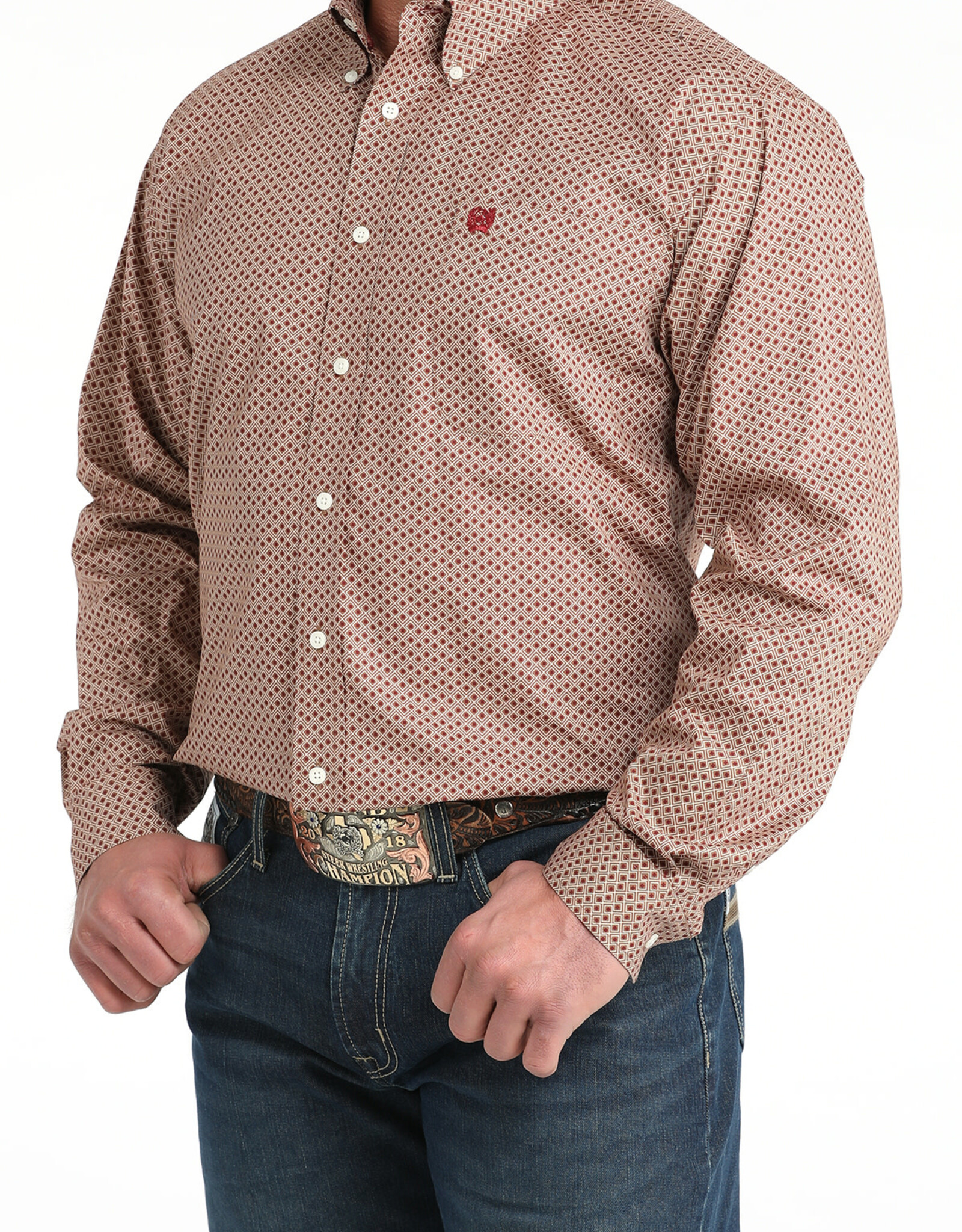 Cinch Mens Classic Cinch Brown Diamond Print Long Sleeve Western Button Shirt