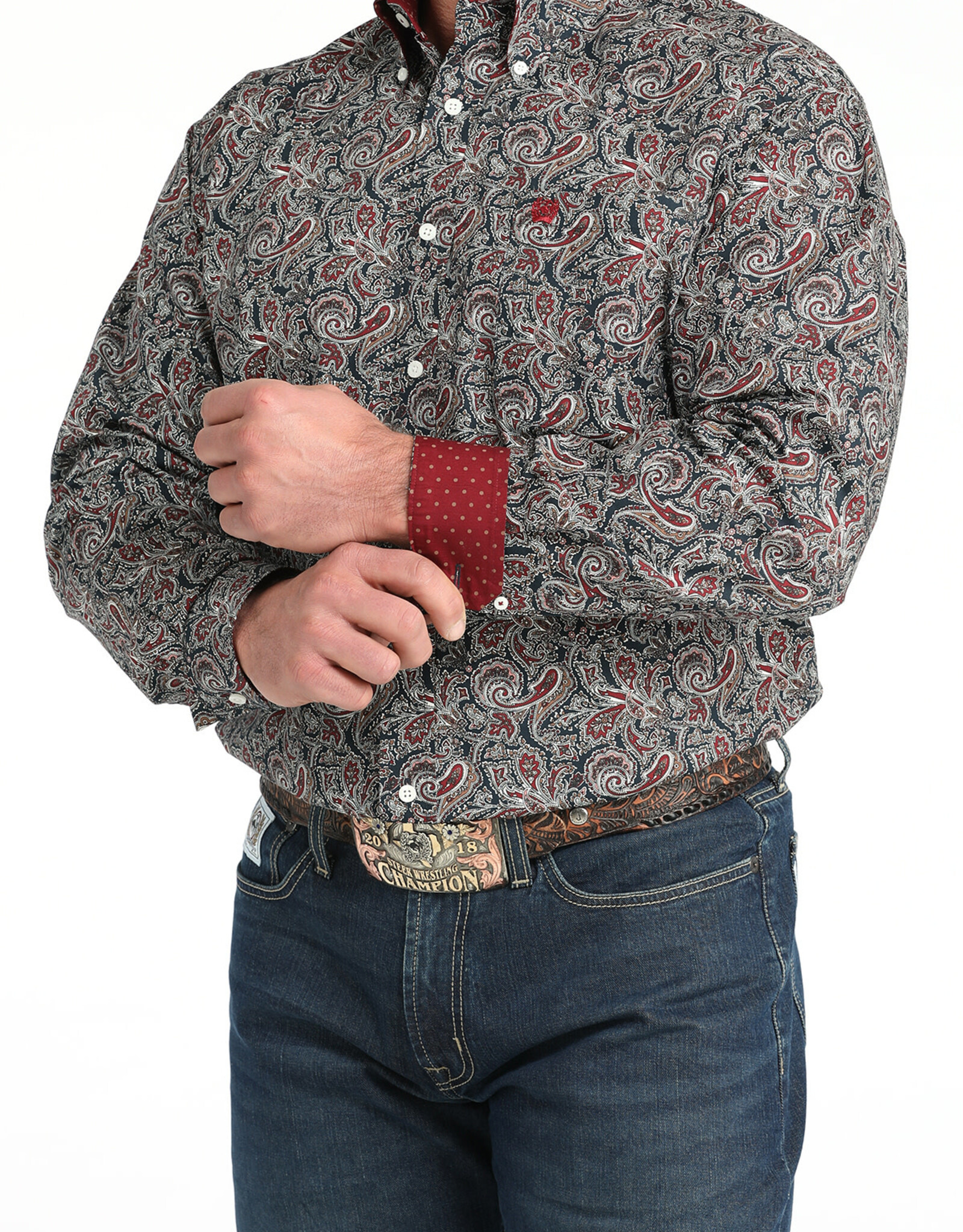 Cinch Mens Classic Cinch Navy Burgundy Paisley Long Sleeve Western Button Shirt