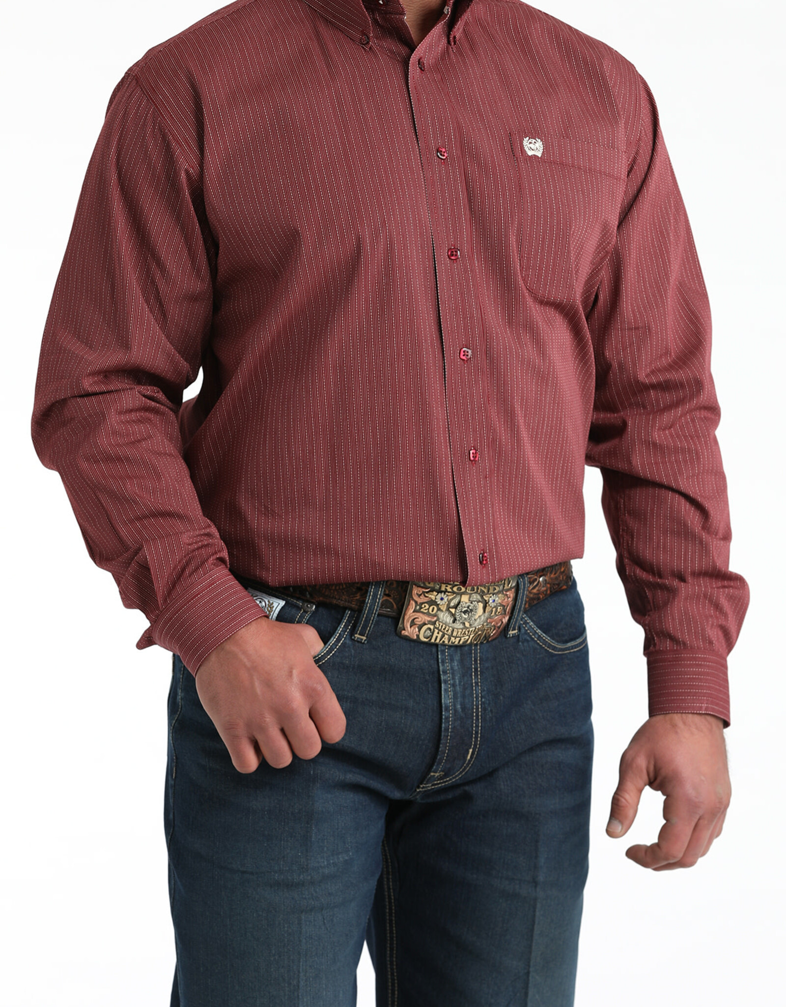 Cinch Mens Classic Cinch Burgundy Multi Stripe Long Sleeve Western Button Shirt