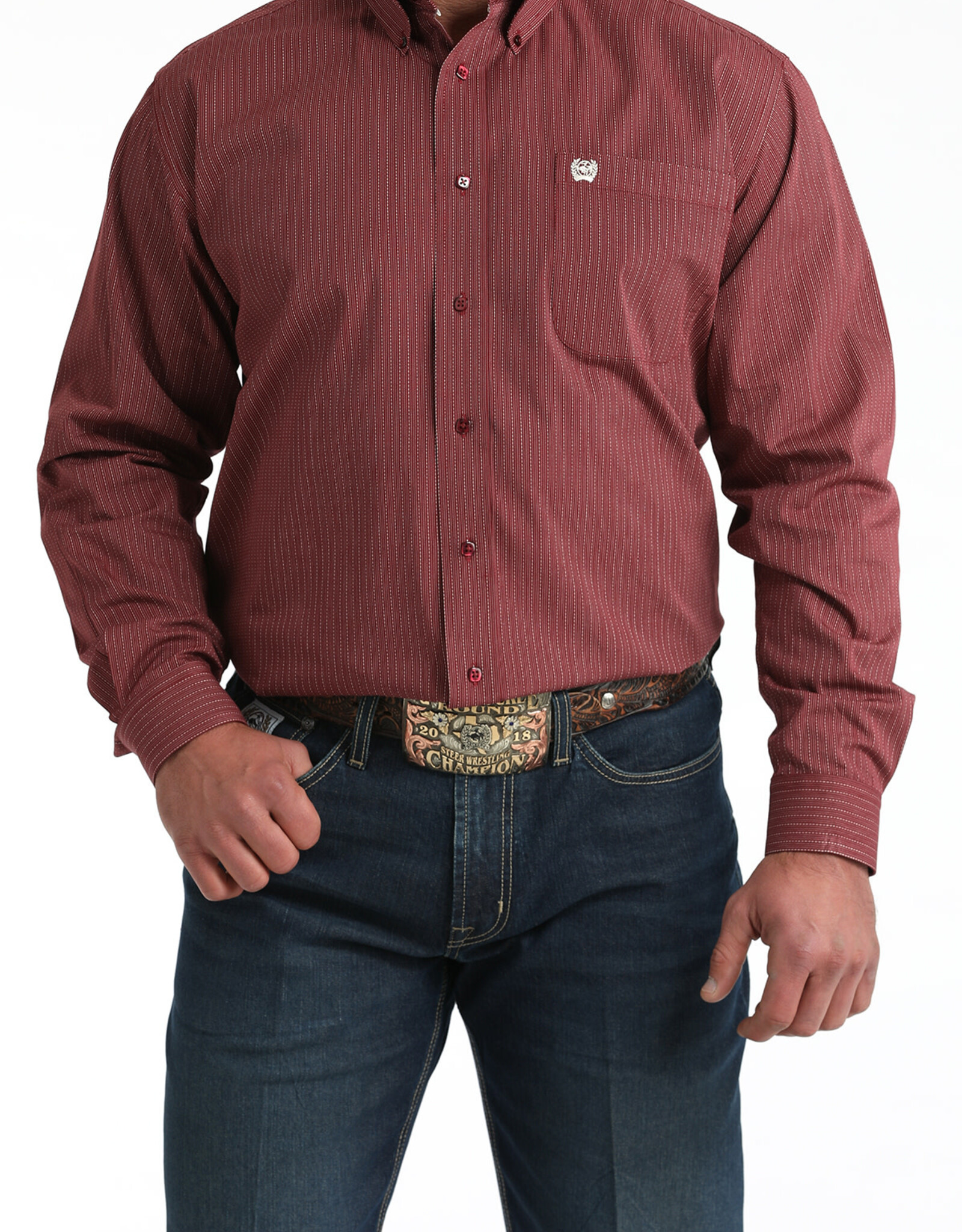 Cinch Mens Classic Cinch Burgundy Multi Stripe Long Sleeve Western Button Shirt