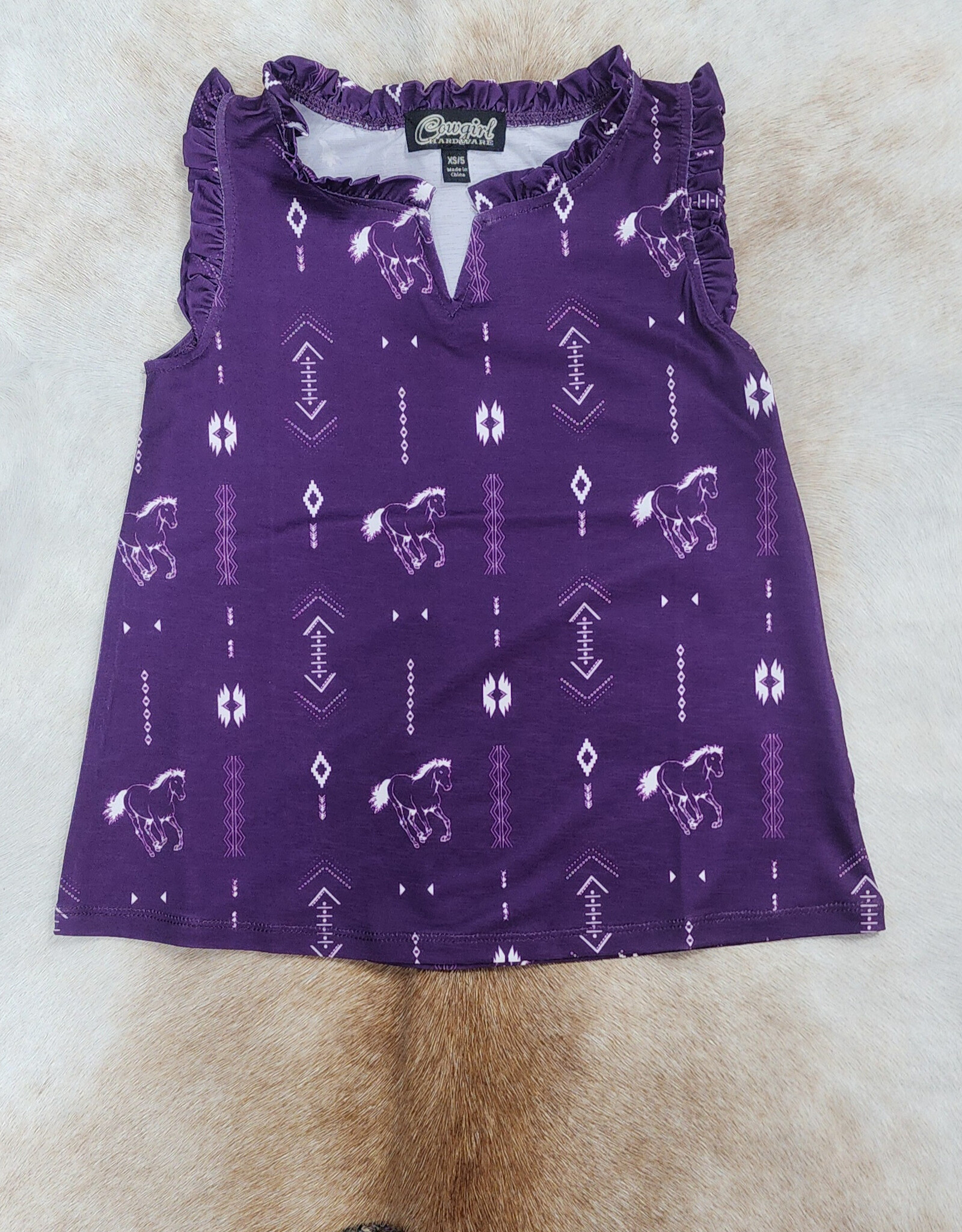 Cowgirl Hardware Girls Horse Eggplant Aztec Ruffle Trim Tank Top