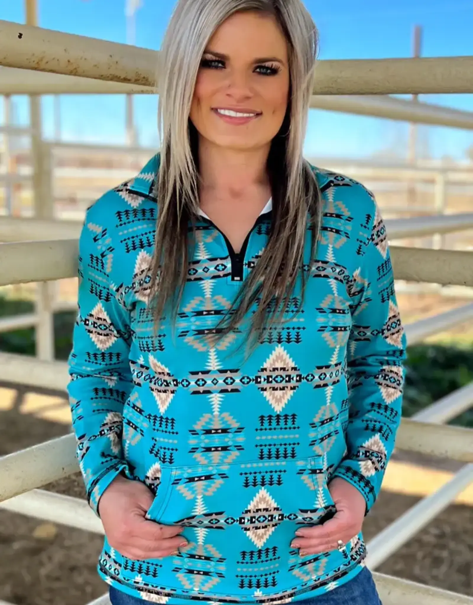 Womens Laramie Kreek Turquoise Aztec Quarter Zip Pull Over