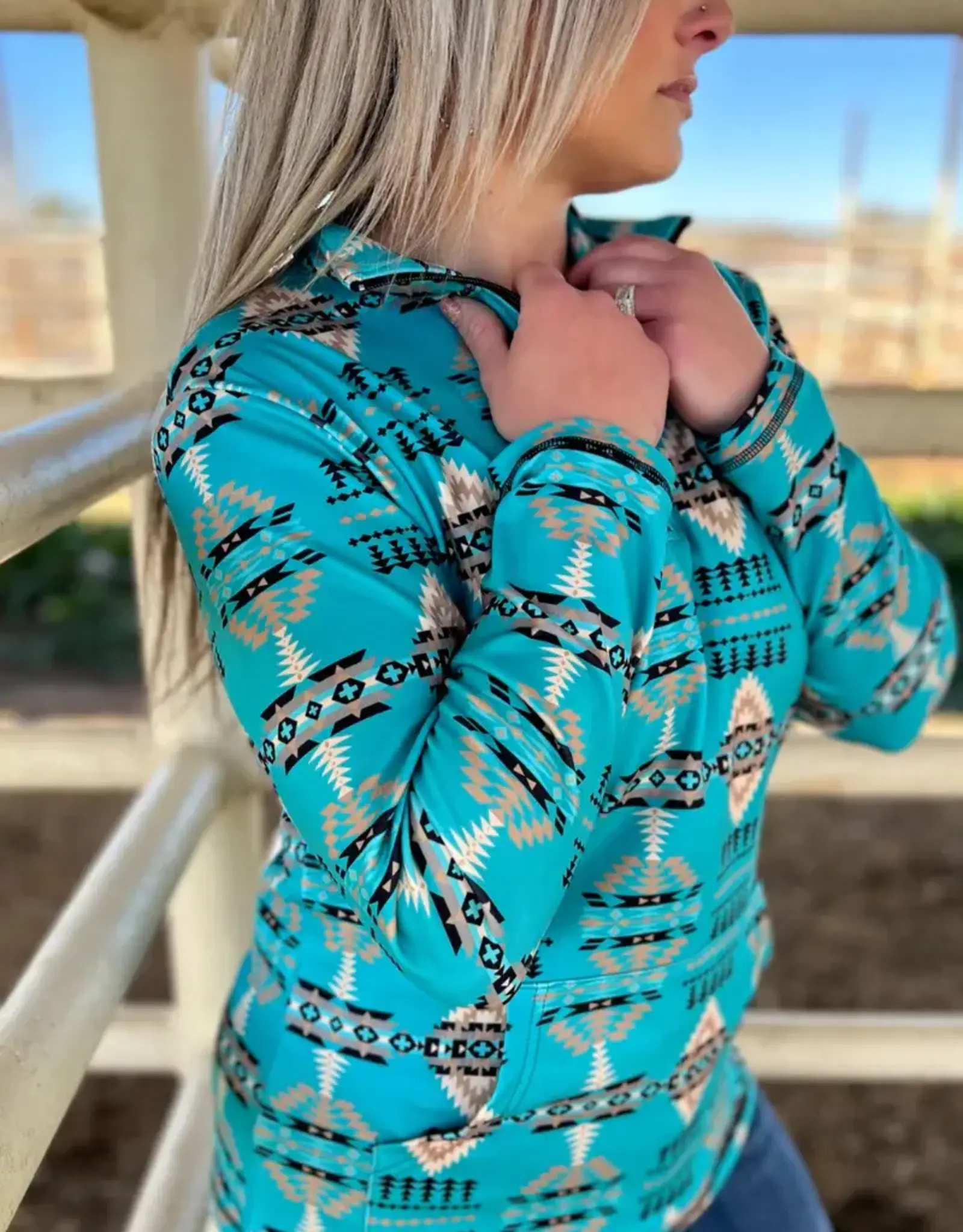 Womens Laramie Kreek Turquoise Aztec Quarter Zip Pull Over