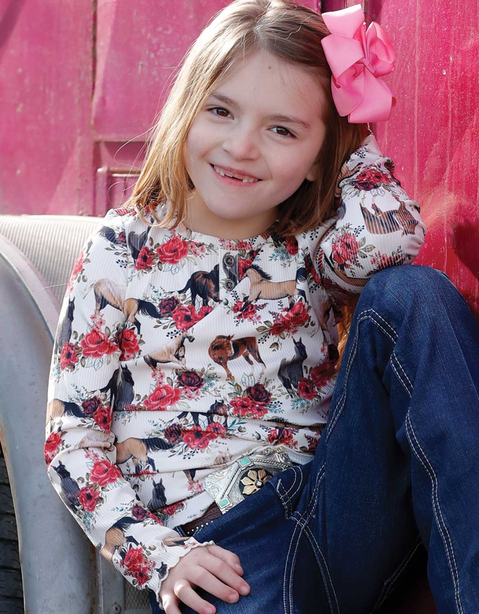 Girls Cruel Girl White Floral Horse Print Rib Knit Long Sleeve Shirt