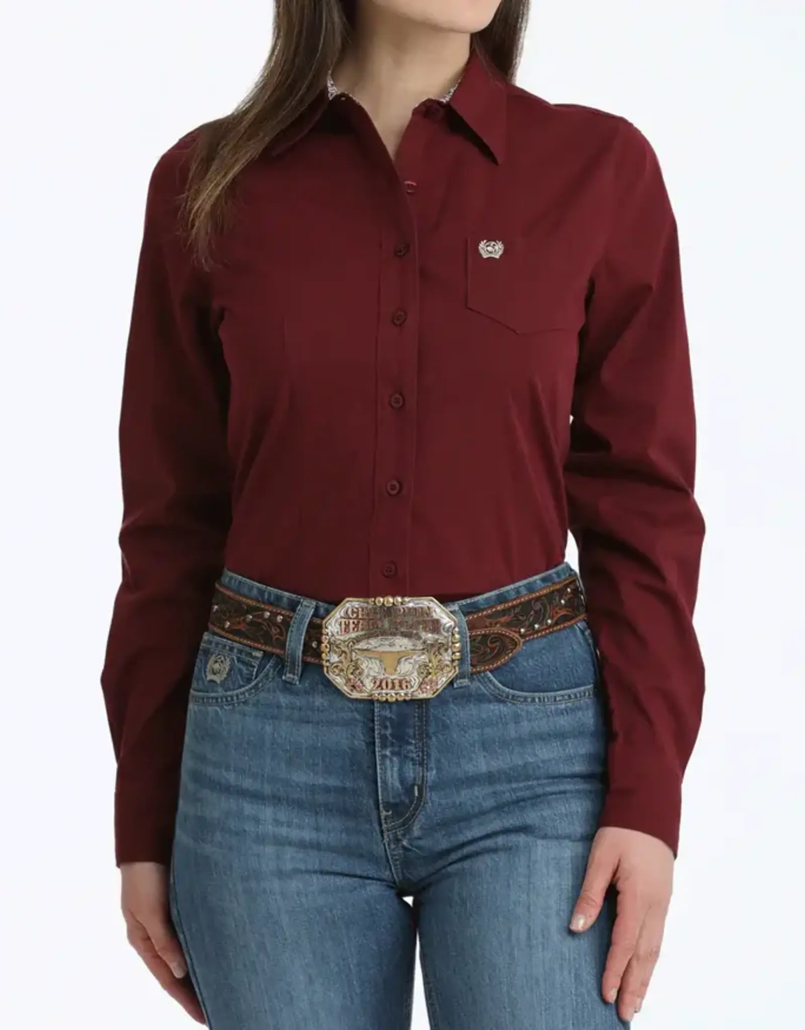 Cinch Womens Cinch Burgundy Stretch Arena Fit Long Sleeve Button Western Shirt