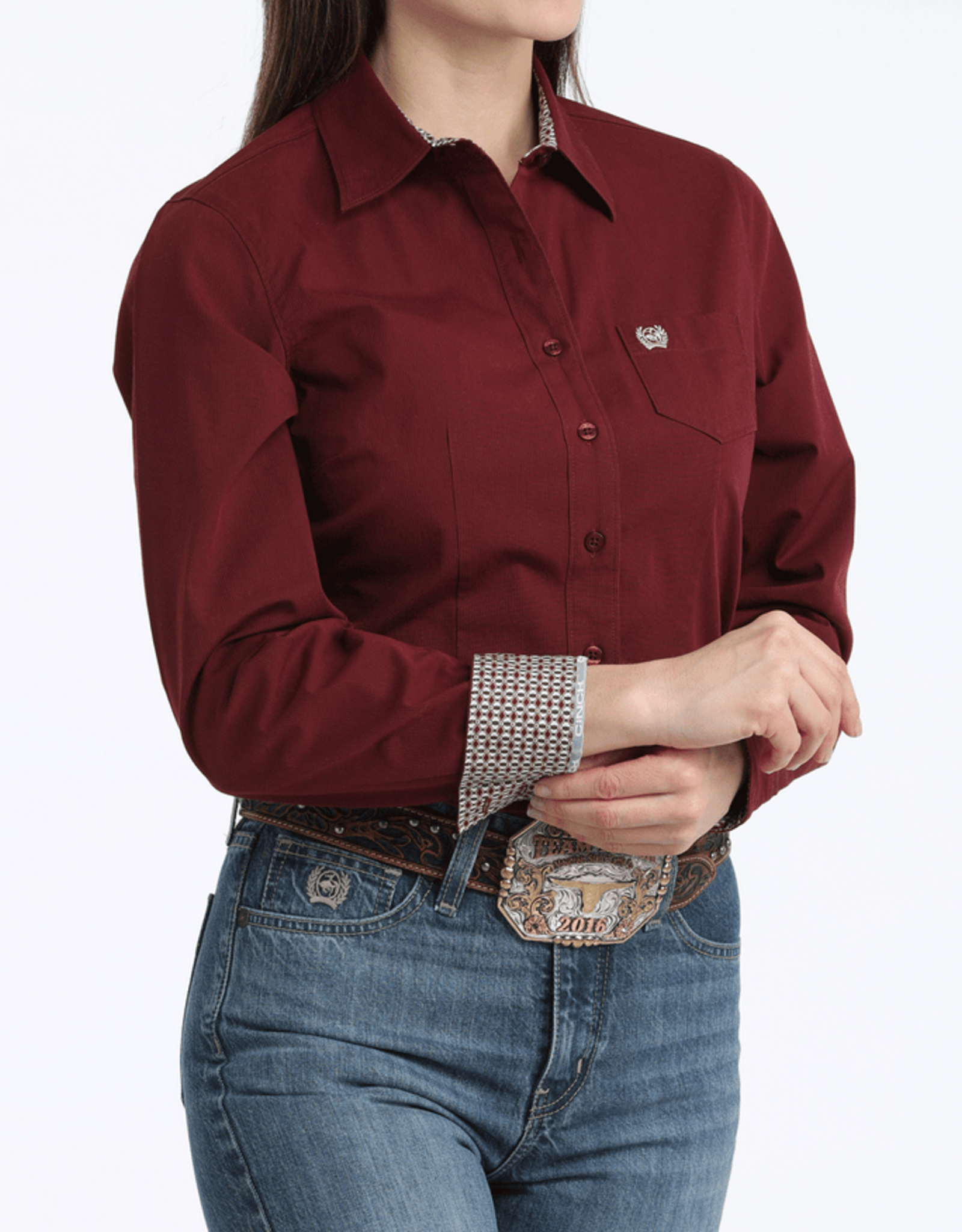 Cinch Womens Cinch Burgundy Stretch Arena Fit Long Sleeve Button Western Shirt