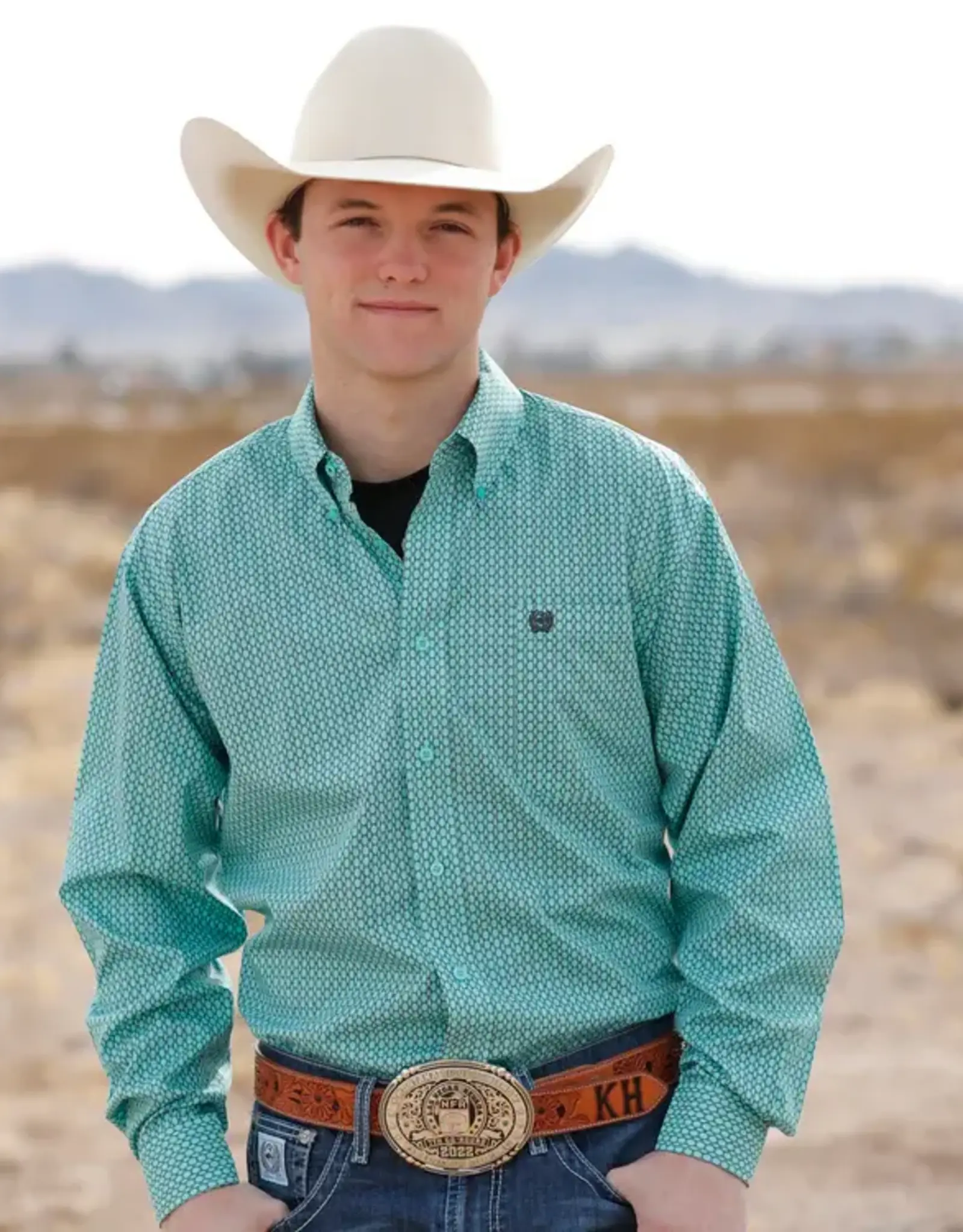 Cinch Mens Classic Cinch Turquoise Blue Charcoal Print Long Sleeve Western Button Shirt