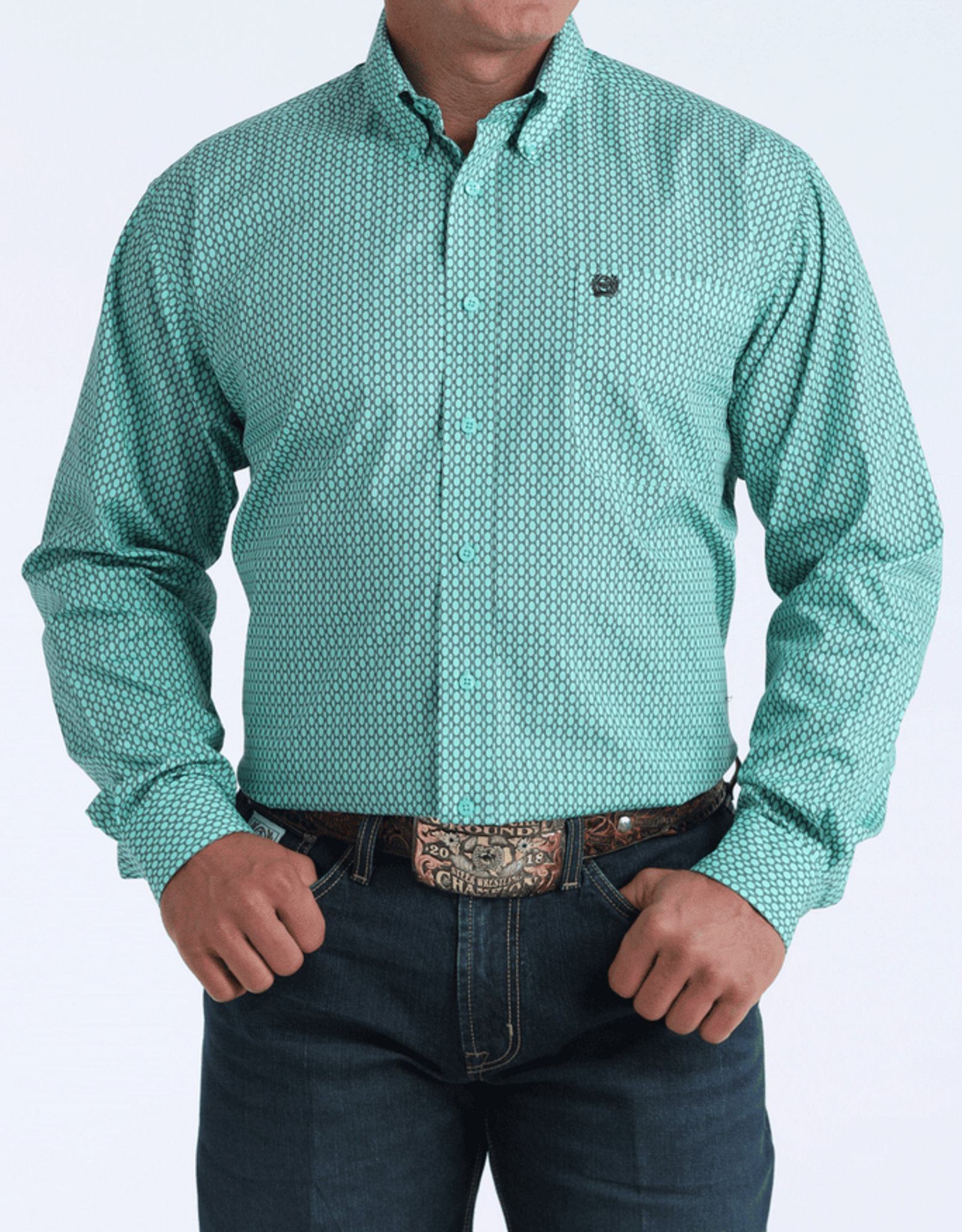 Cinch Mens Classic Cinch Turquoise Blue Charcoal Print Long Sleeve Western Button Shirt