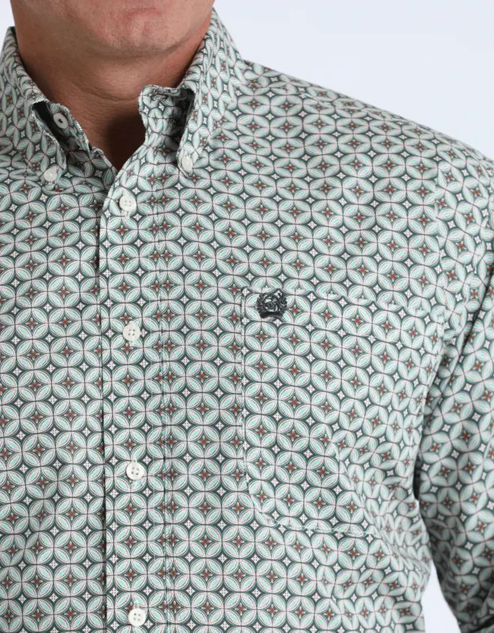 Cinch Mens Classic Cinch Cream Olive Print Long Sleeve Western Button Shirt