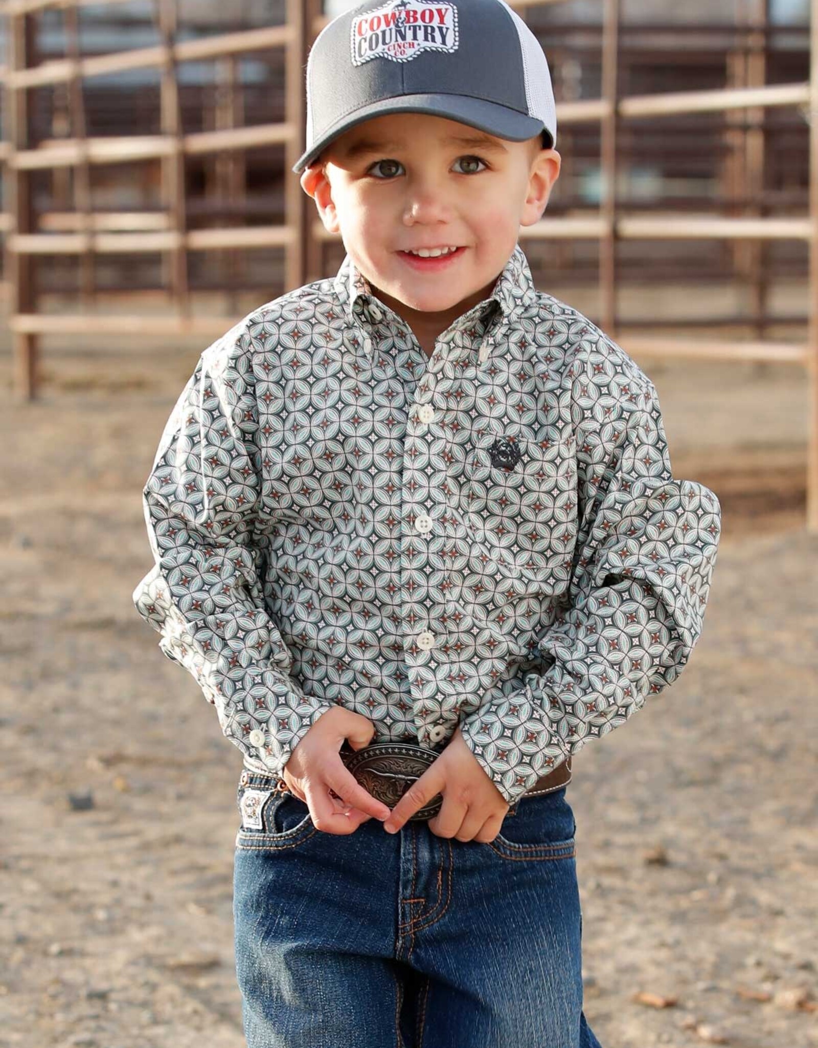 Cinch Boys Toddler Cinch Cream and Olive Print Long Sleeve Western Button Shirt