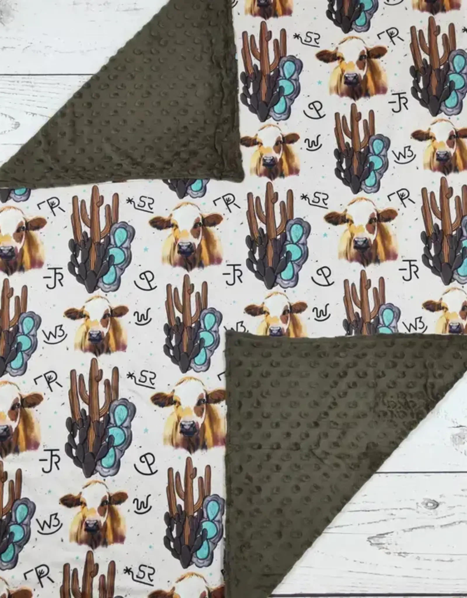 Sassy Kids Palace Brown Cows and Cactus Western Minky Blanket 29" x 43"