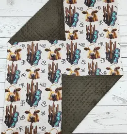 Sassy Kids Palace Brown Cows and Cactus Western Minky Blanket 29" x 43"