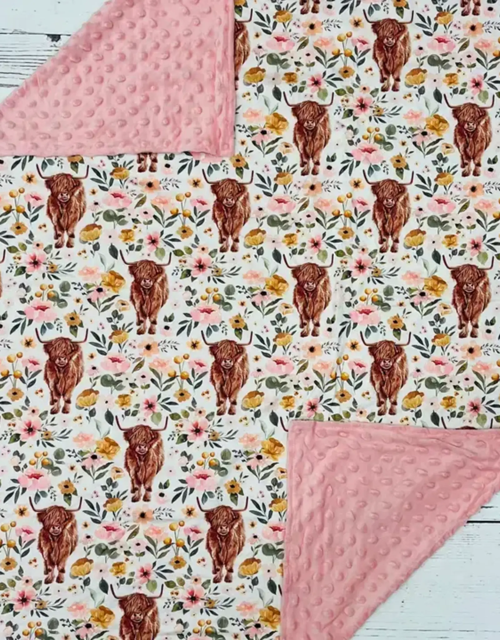 Sassy Kids Palace Baby Pink Highland Cows and Flowers Minky Blanket 29" x 43"