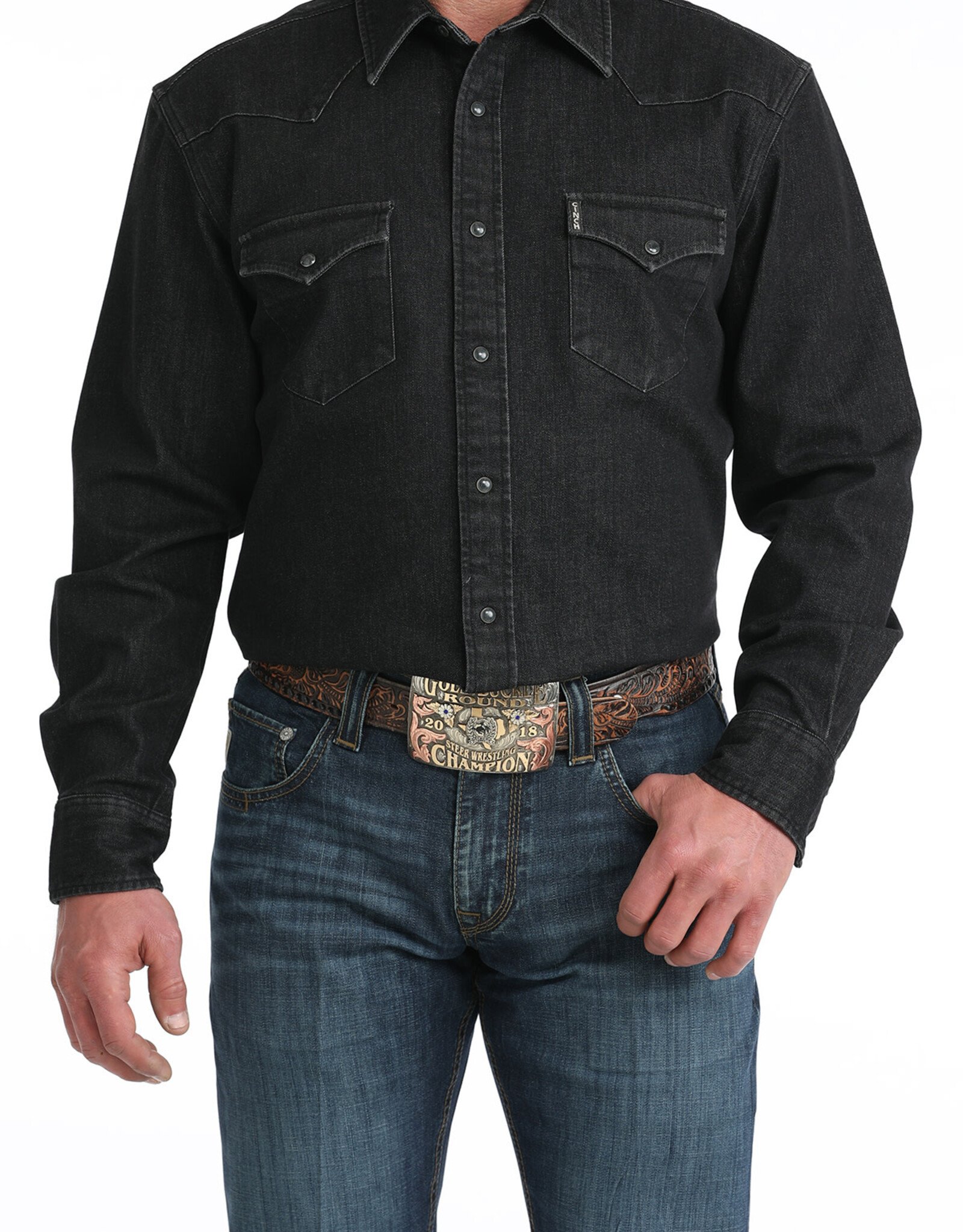 Cinch Mens Cinch Heavy Black Denim Long Sleeve Western Snap Shirt