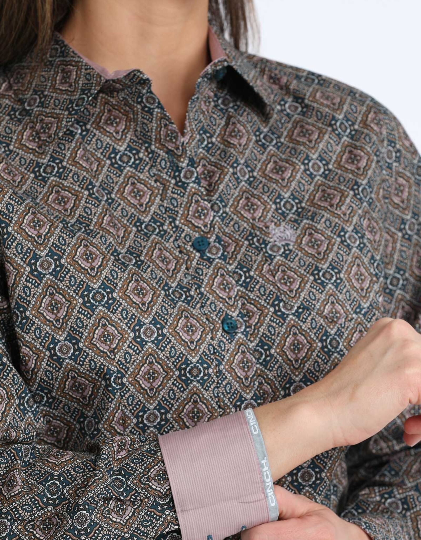 Cinch Womens Cinch Brown Lilac Print Arena Fit Long Sleeve Button Western Shirt