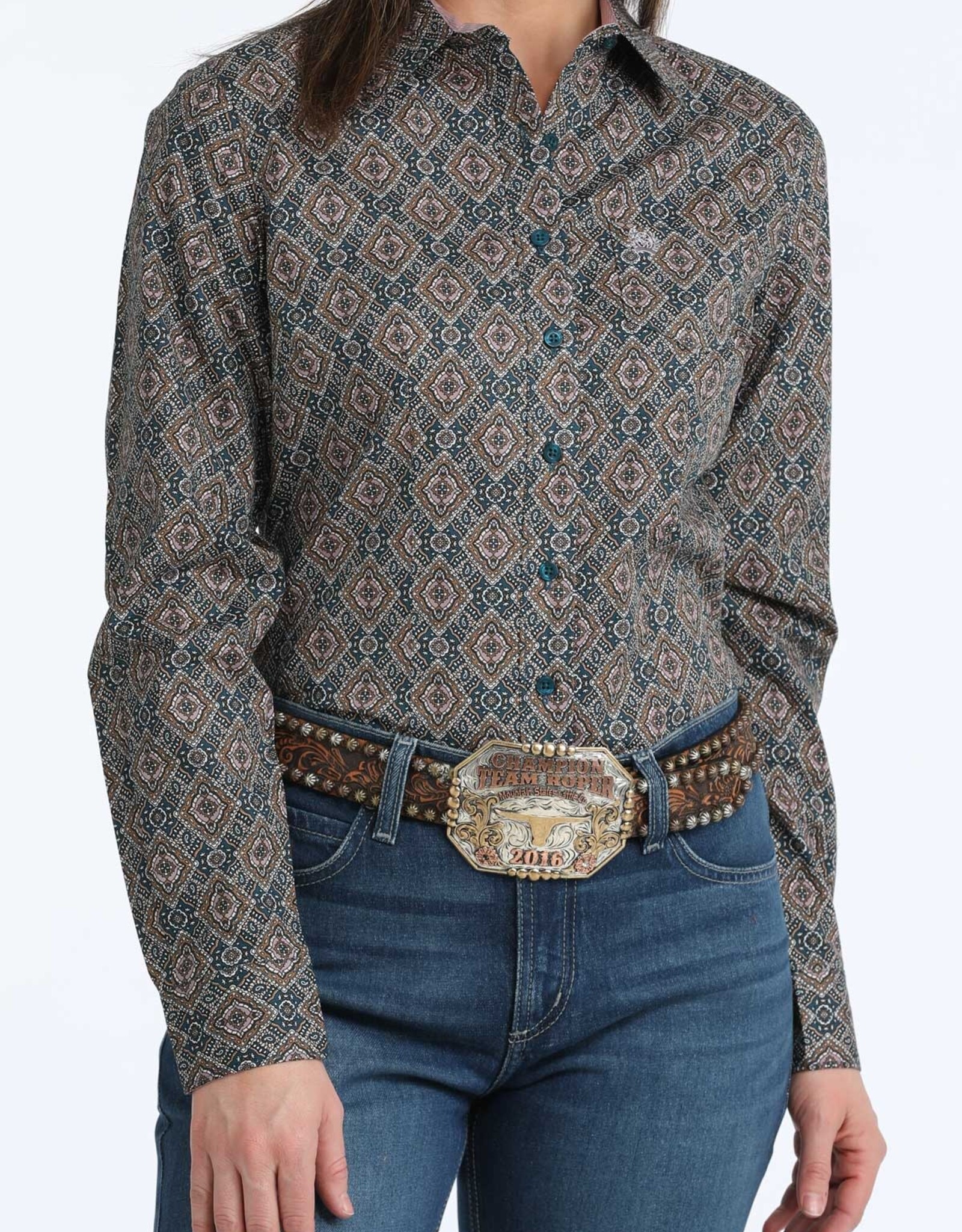 Cinch Womens Cinch Brown Lilac Print Arena Fit Long Sleeve Button Western Shirt