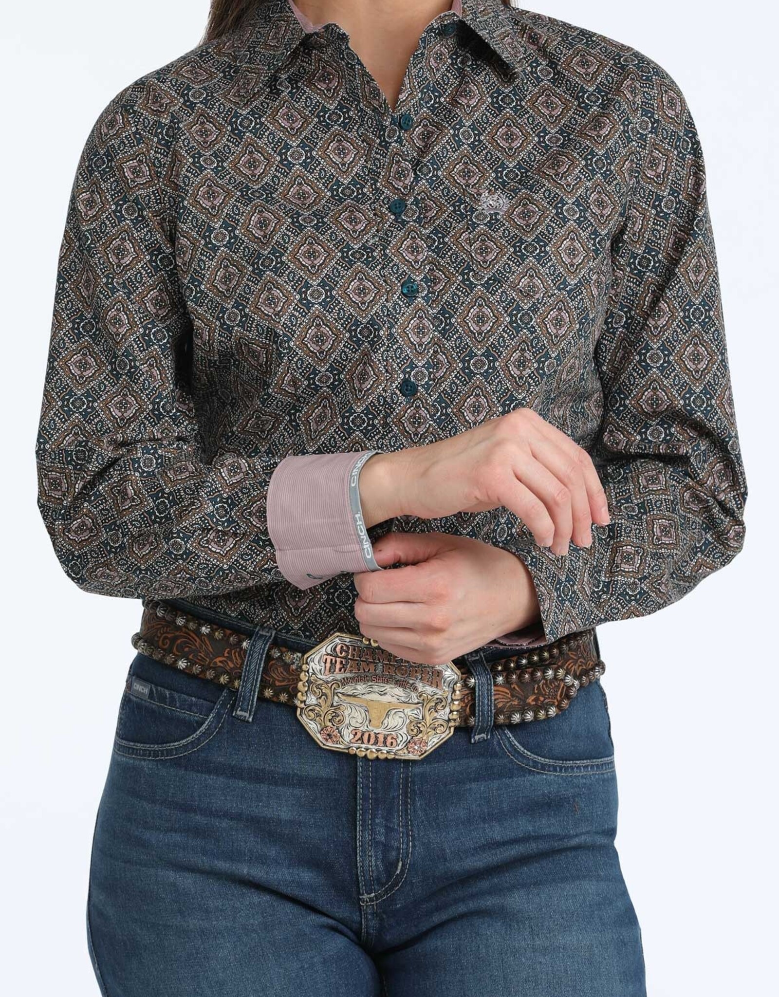 Cinch Womens Cinch Brown Lilac Print Arena Fit Long Sleeve Button Western Shirt