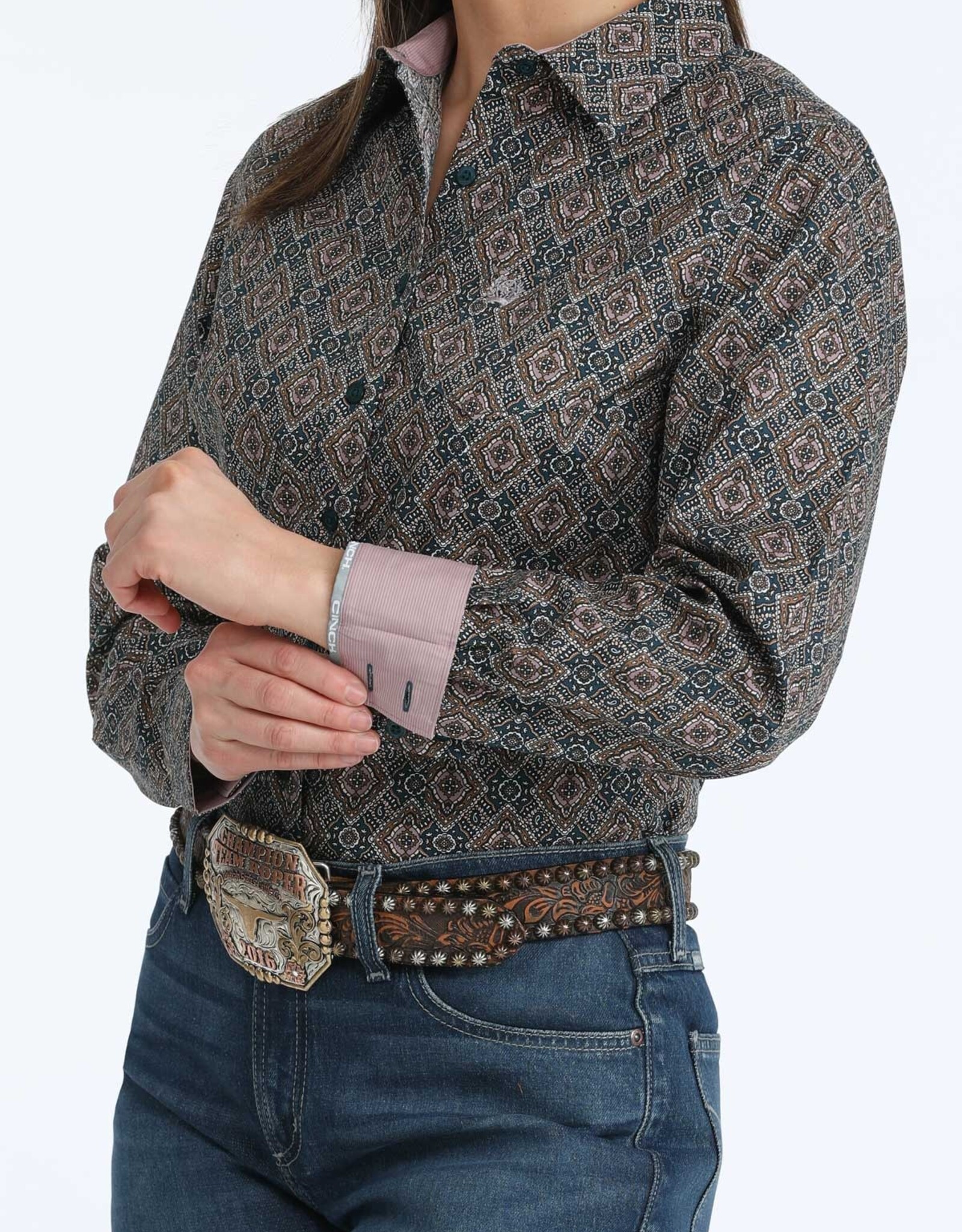 Cinch Womens Cinch Brown Lilac Print Arena Fit Long Sleeve Button Western Shirt