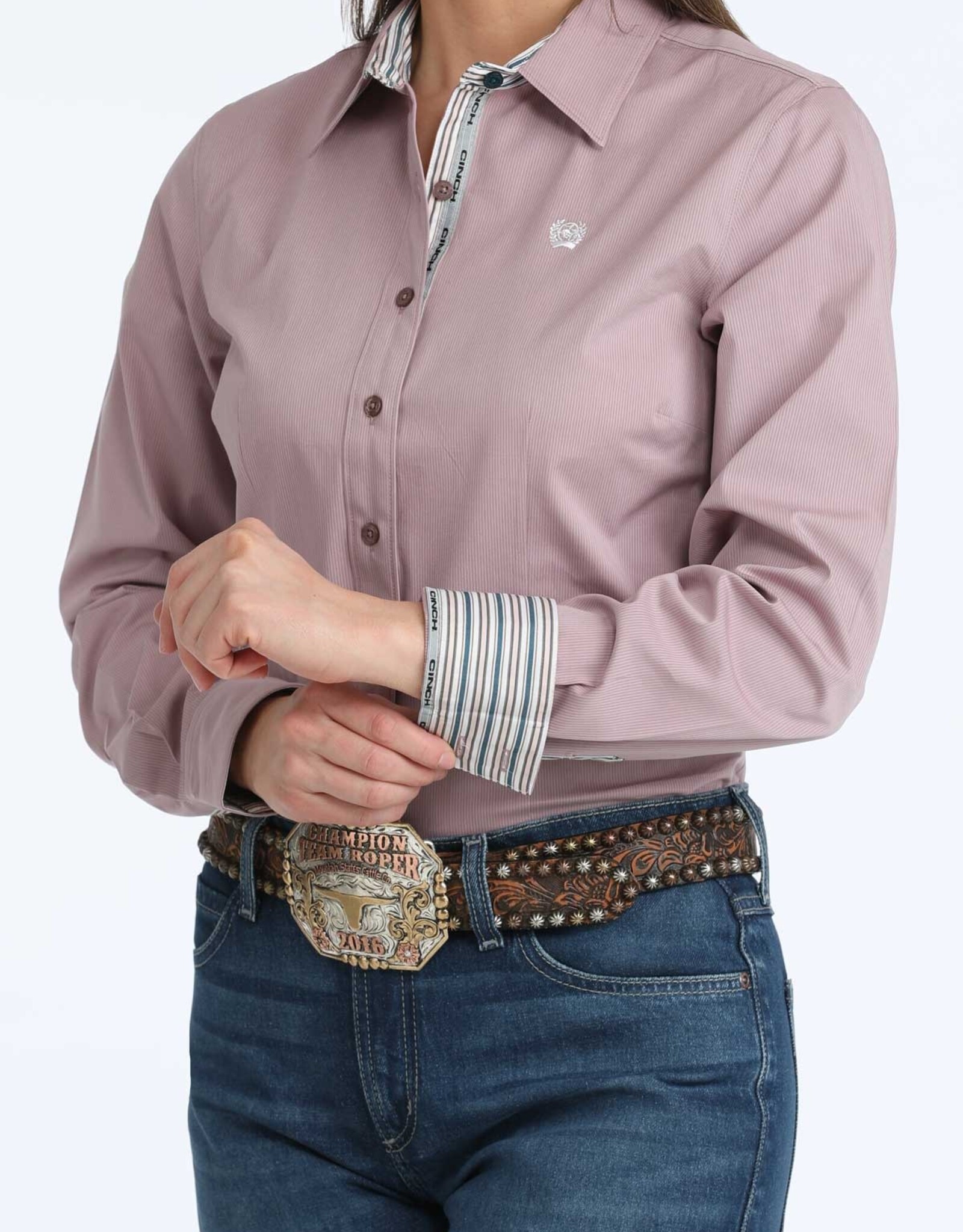Cinch Womens Cinch Lilac Pinstripe Arena Fit Stretch Long Sleeve Button Western Shirt