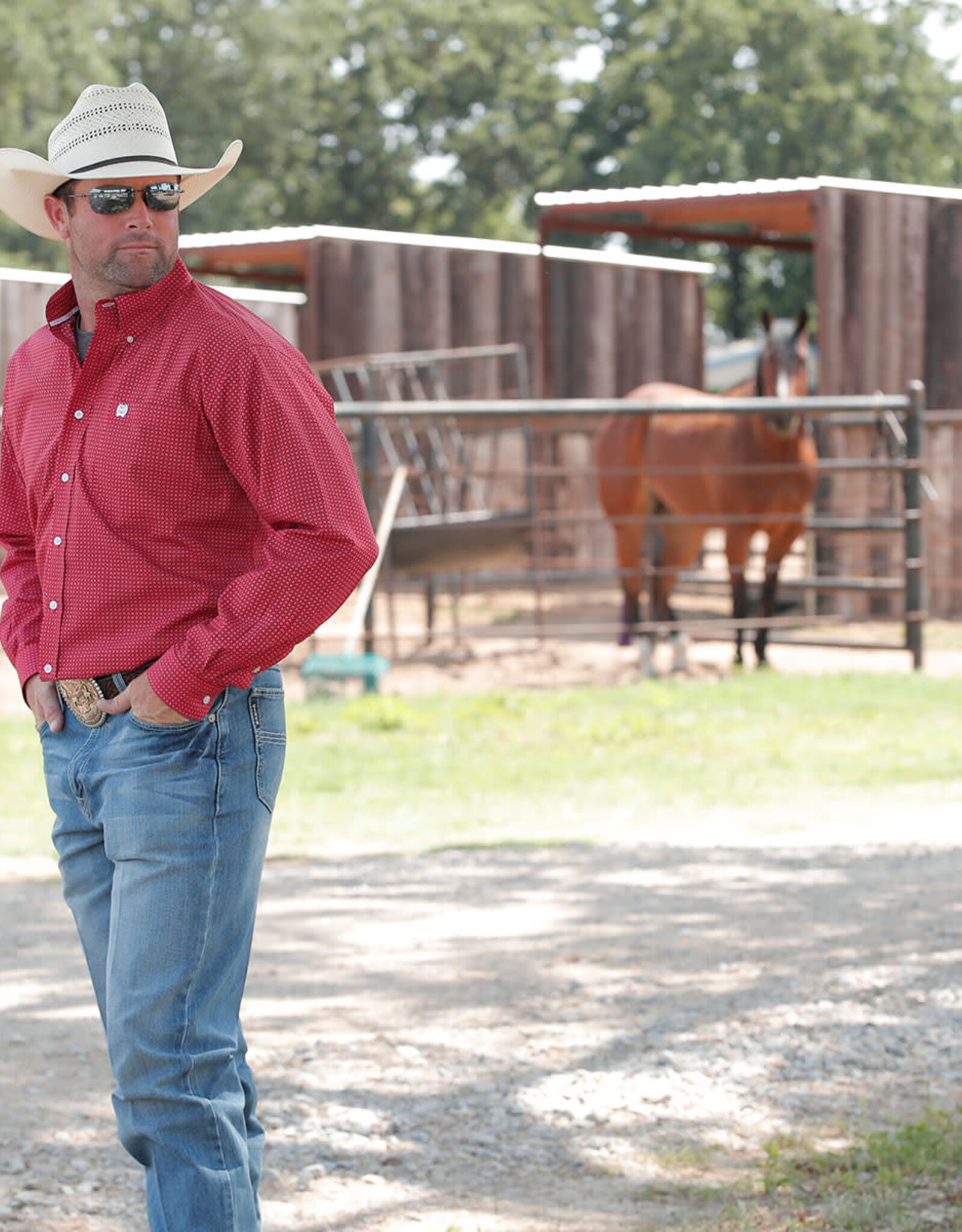 Cinch Mens Cinch Red Geo Print Long Sleeve Western Button Arena Shirt