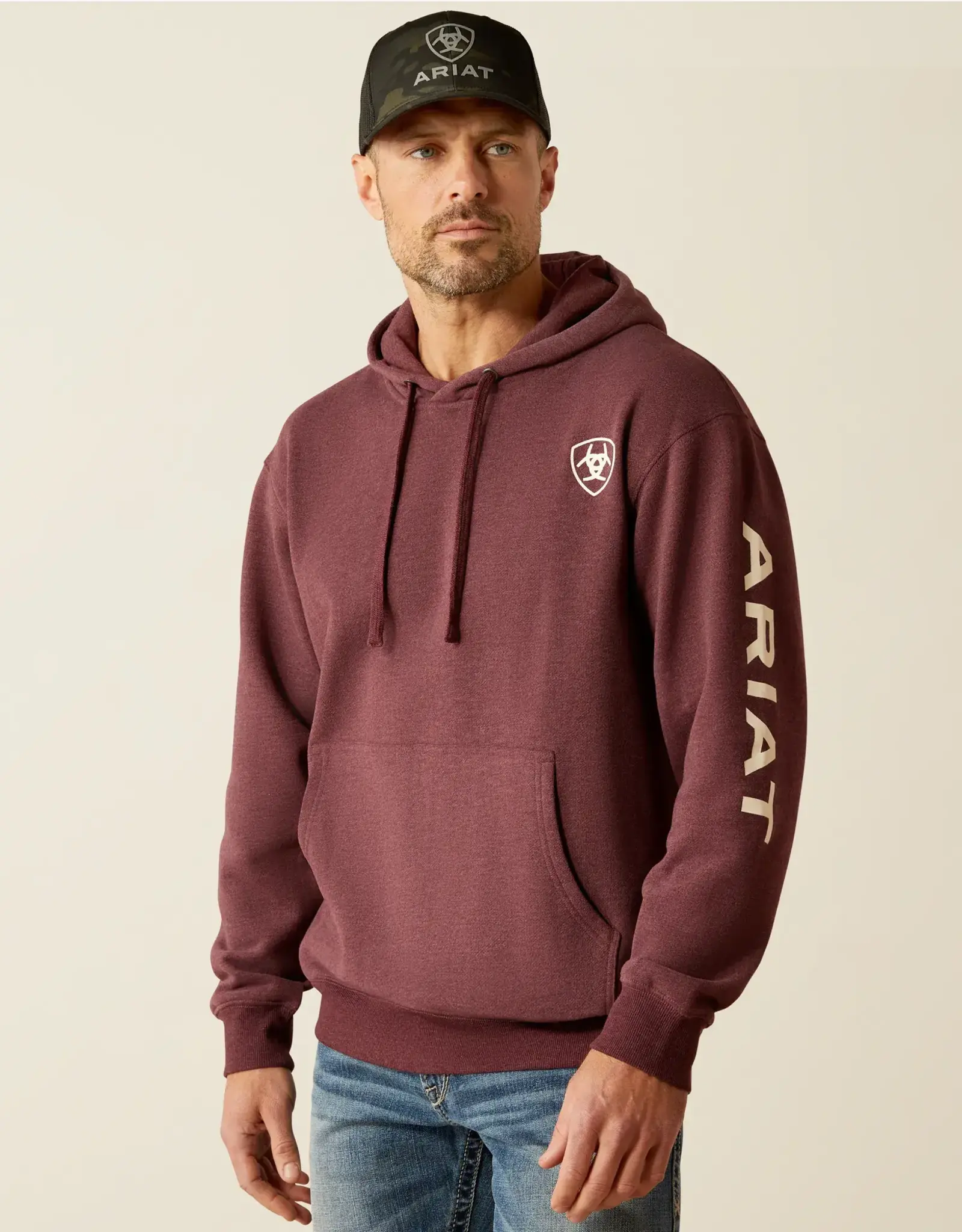Ariat Mens Ariat Heather Burgundy Logo Pullover Hooded Sweatshirt