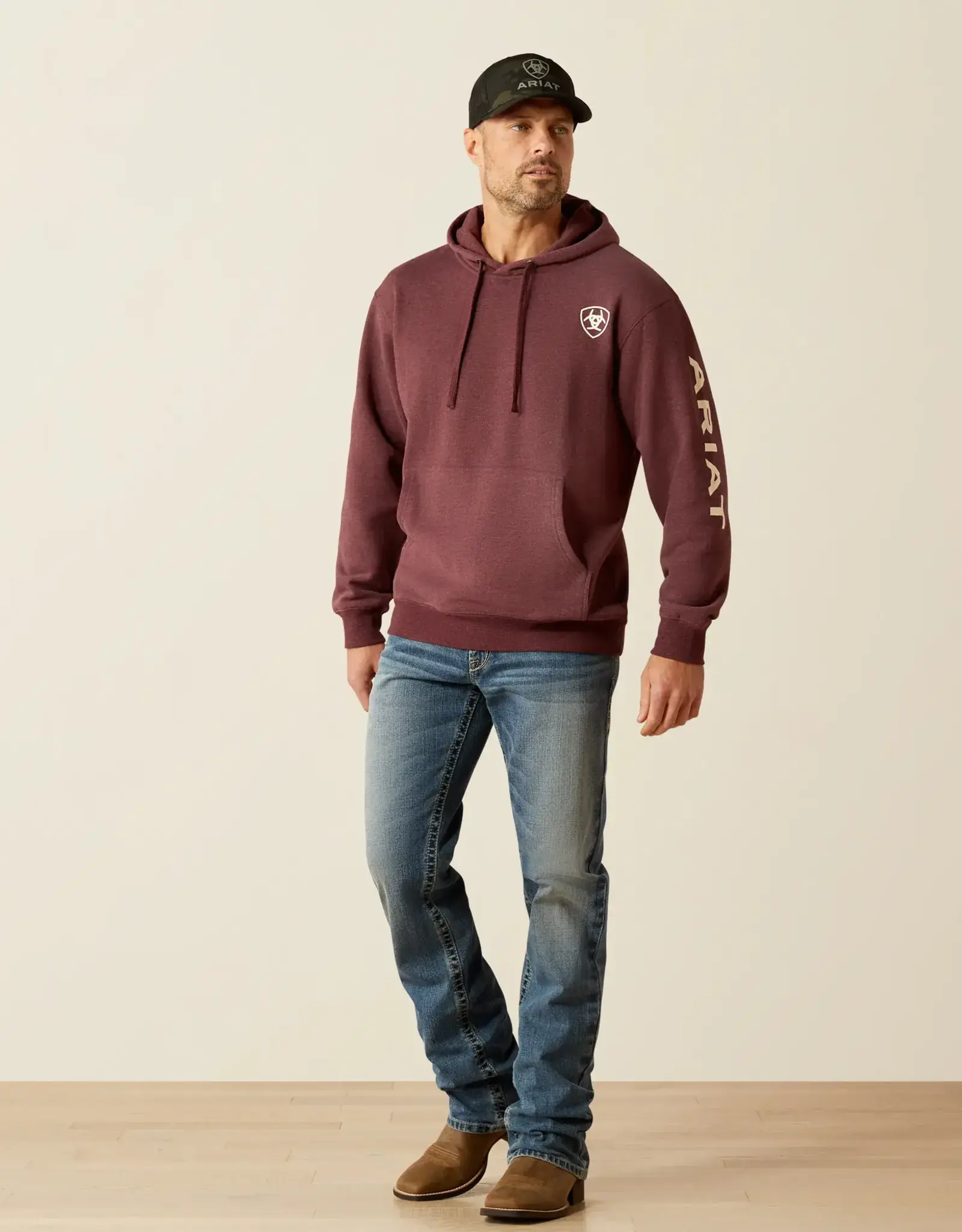 Ariat Mens Ariat Heather Burgundy Logo Pullover Hooded Sweatshirt