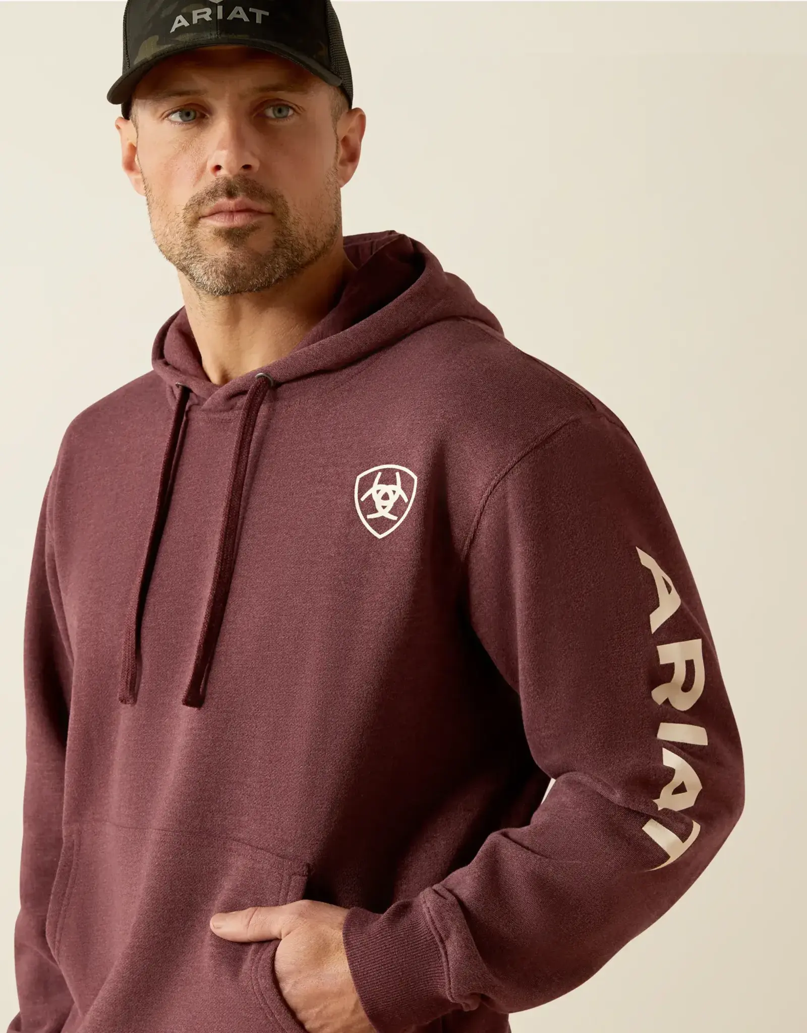 Ariat Mens Ariat Heather Burgundy Logo Pullover Hooded Sweatshirt