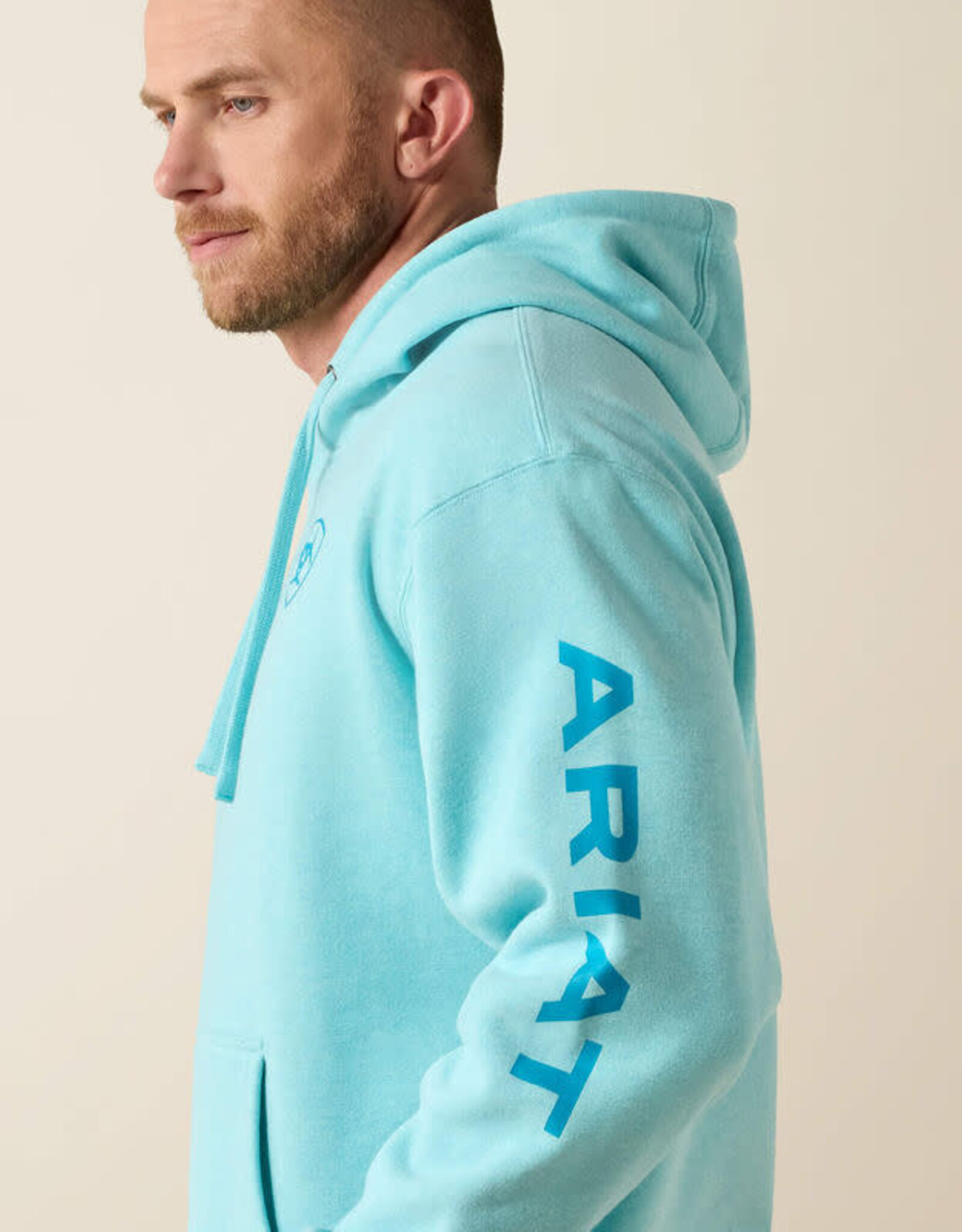 Ariat Mens Ariat Heather Aqua Blue Logo Pullover Hooded Sweatshirt
