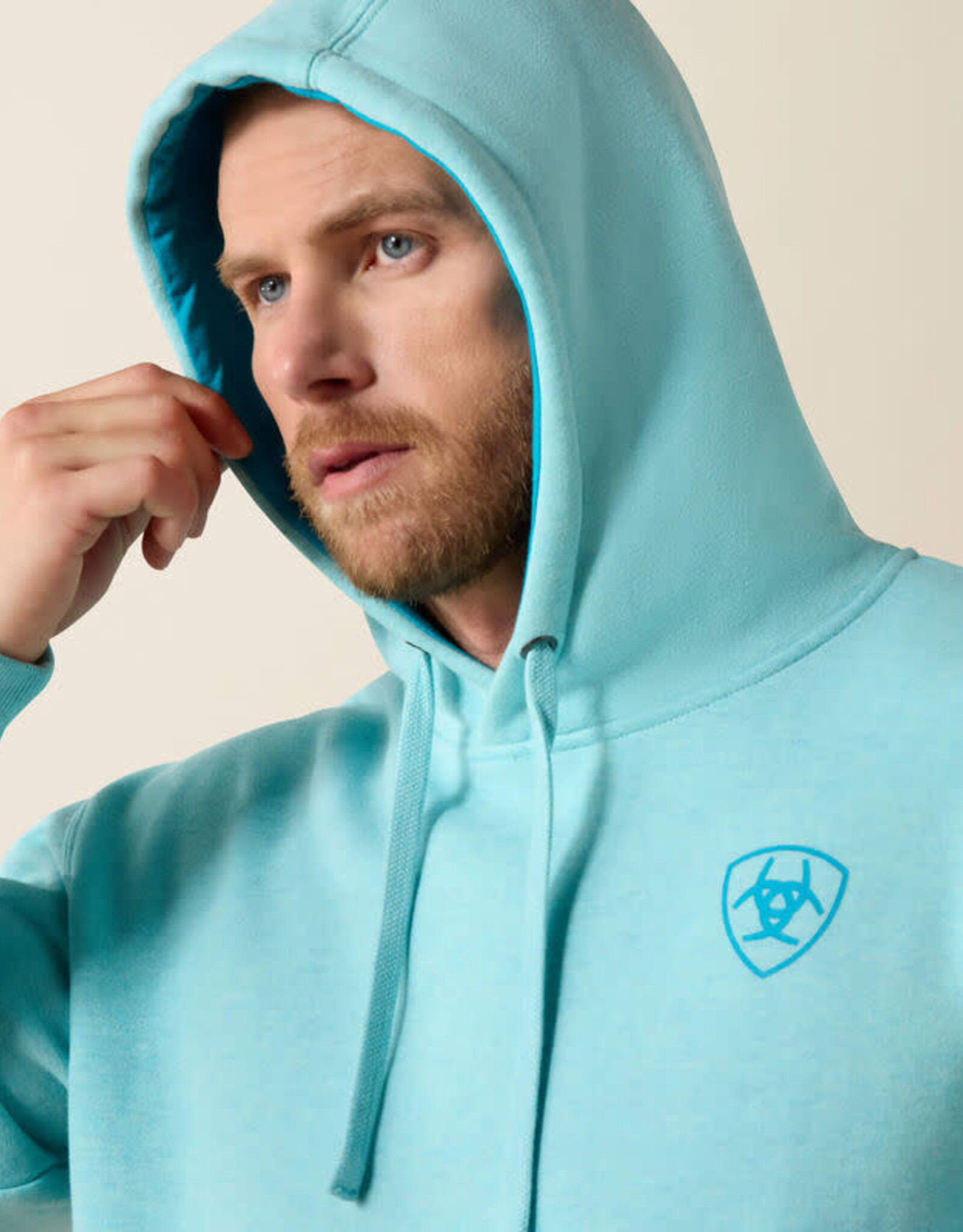 Ariat Mens Ariat Heather Aqua Blue Logo Pullover Hooded Sweatshirt