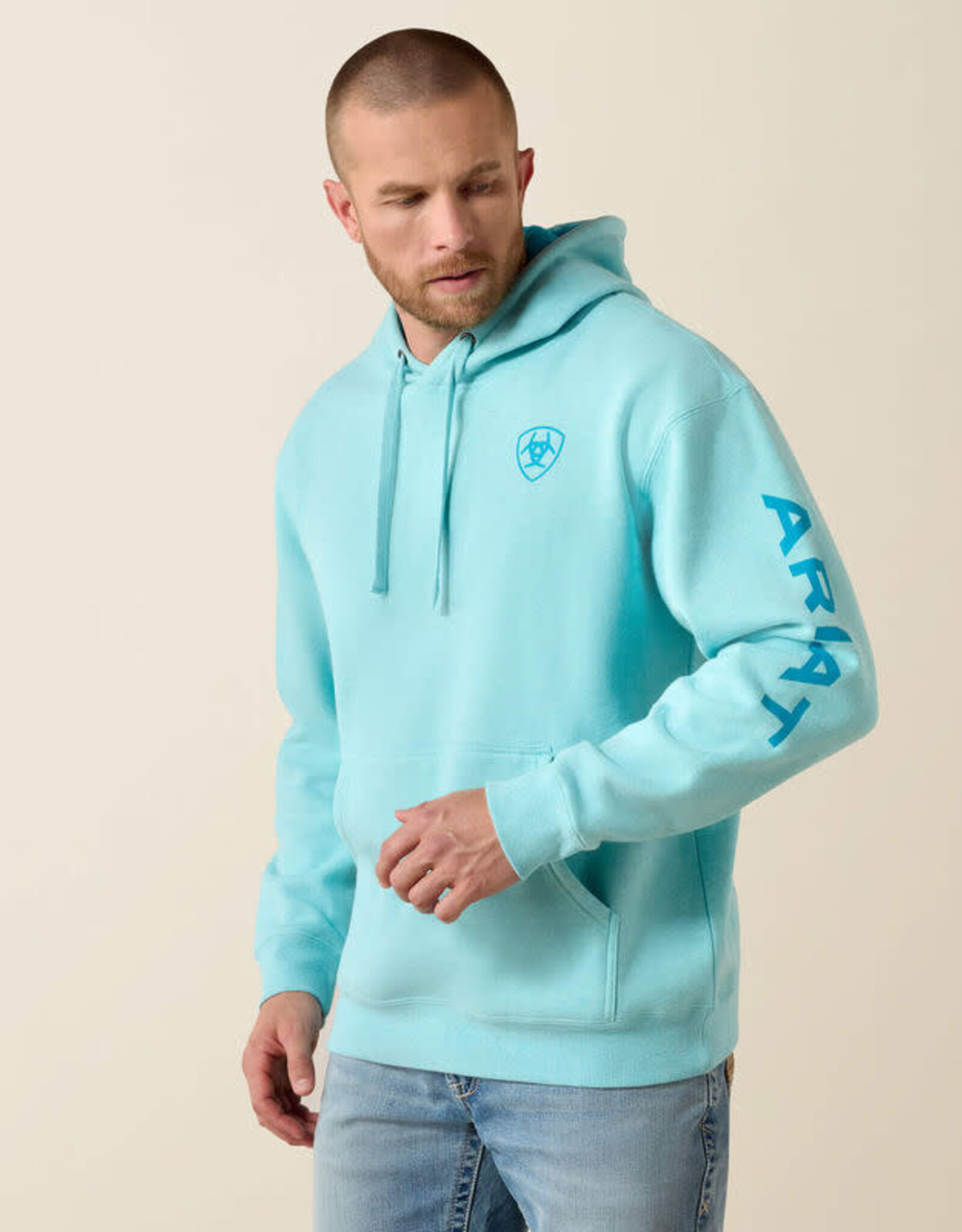 Ariat Mens Ariat Heather Aqua Blue Logo Pullover Hooded Sweatshirt