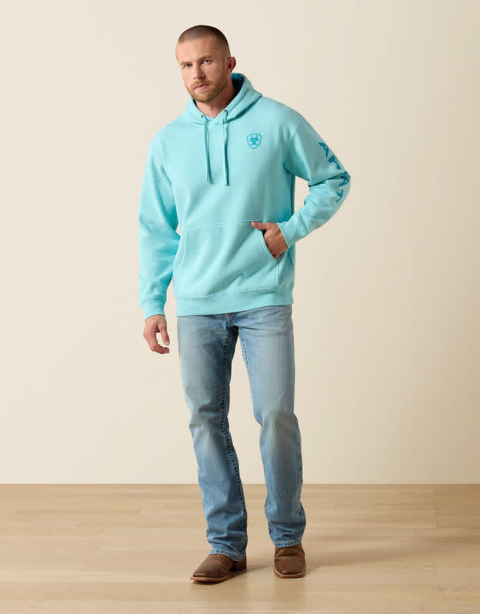 Ariat Mens Ariat Heather Aqua Blue Logo Pullover Hooded Sweatshirt