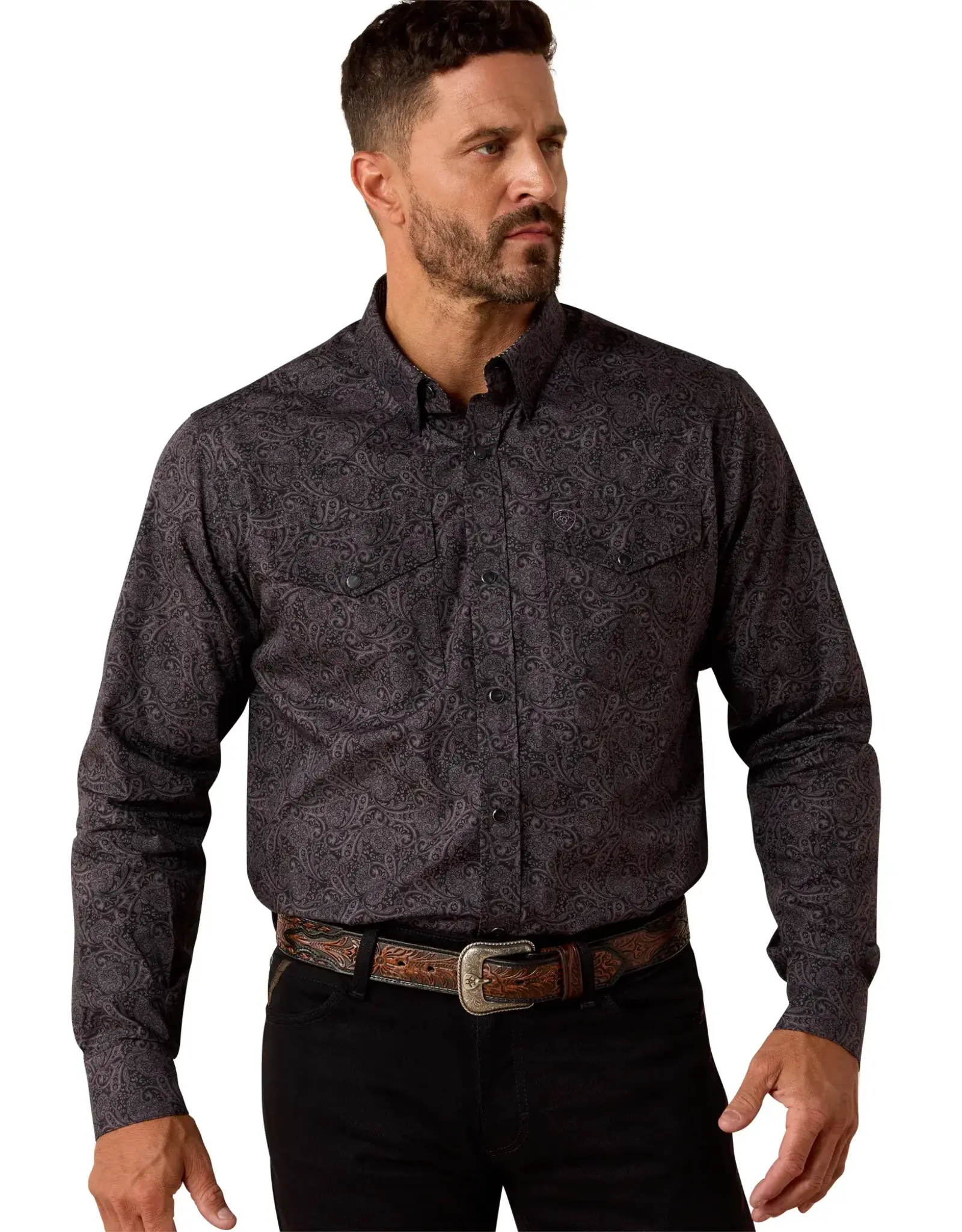 Ariat Mens Ariat Retro Black Paisley Wrinkle Free Fitted Long Sleeve Western Snap Shirt