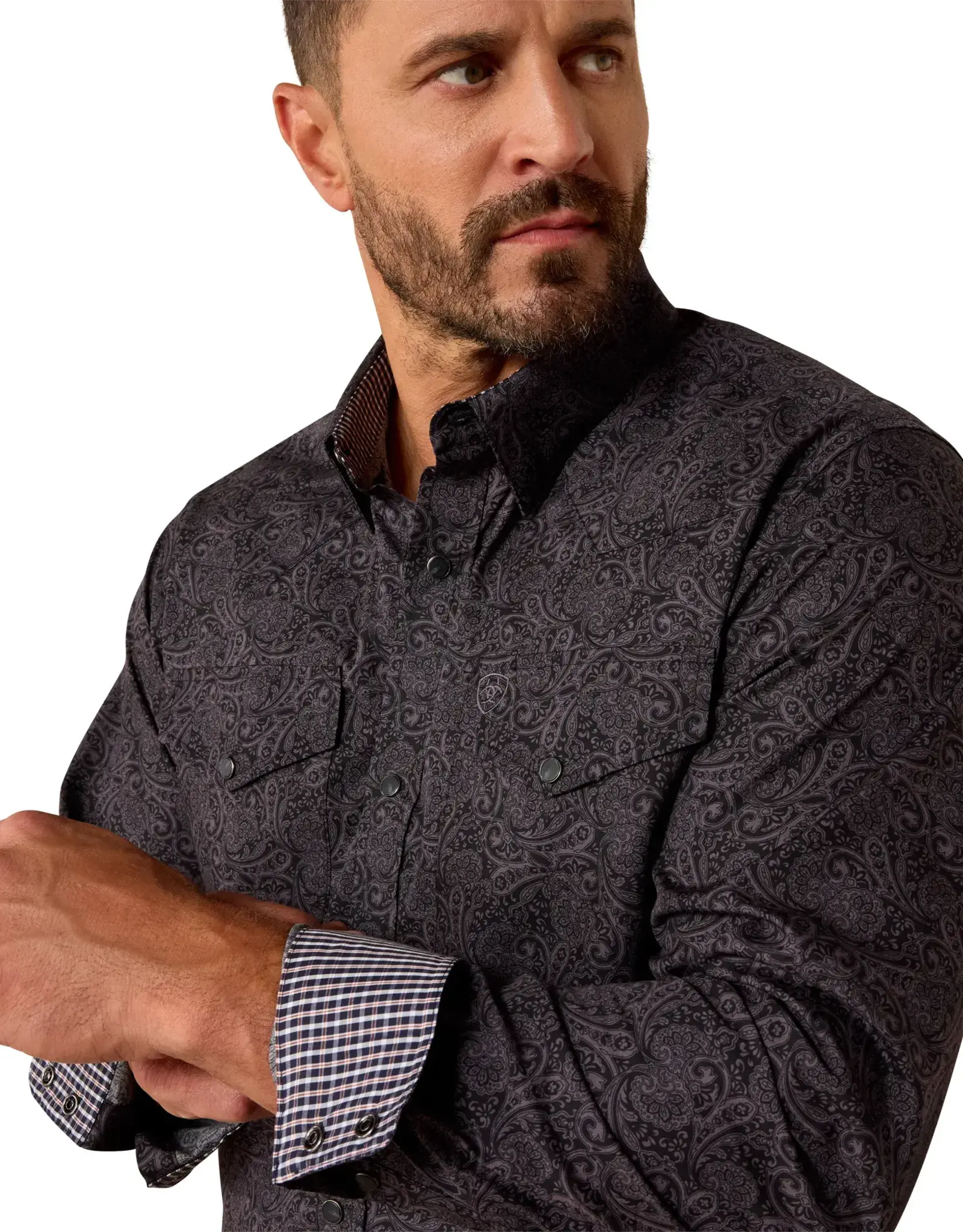 Ariat Mens Ariat Retro Black Paisley Wrinkle Free Fitted Long Sleeve Western Snap Shirt