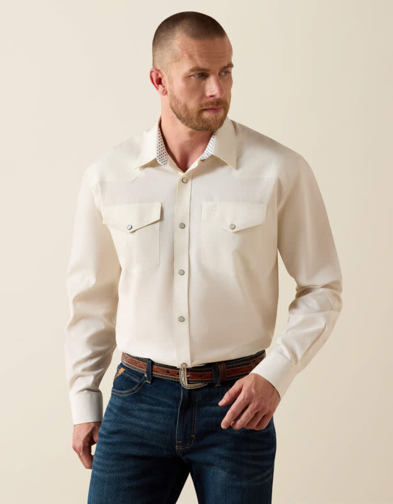 Ariat Mens Ariat Off White Wrinkle Free Pinpoint Oxford Classic Fit Western Snap Shirt