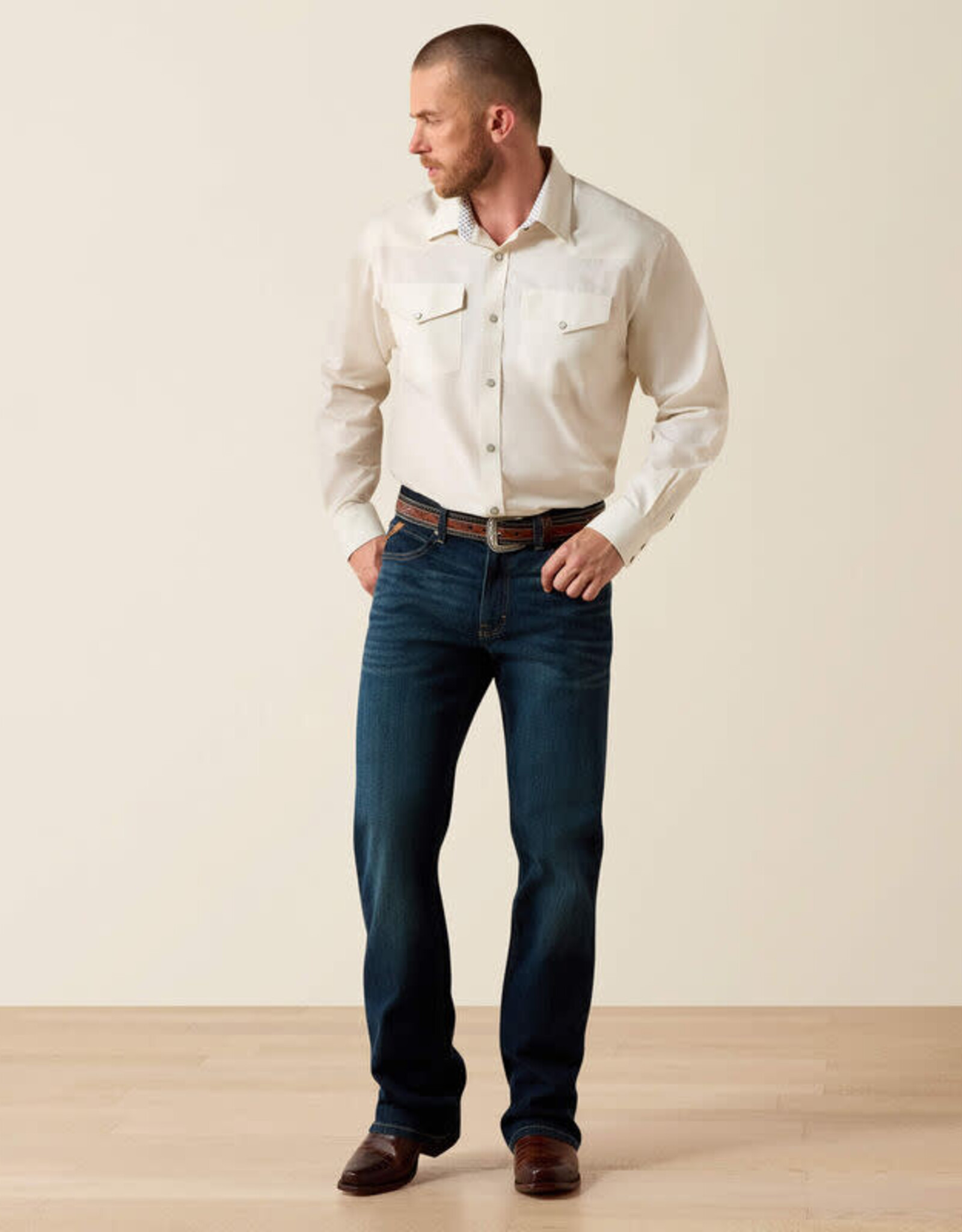 Ariat Mens Ariat Off White Wrinkle Free Pinpoint Oxford Classic Fit Western Snap Shirt