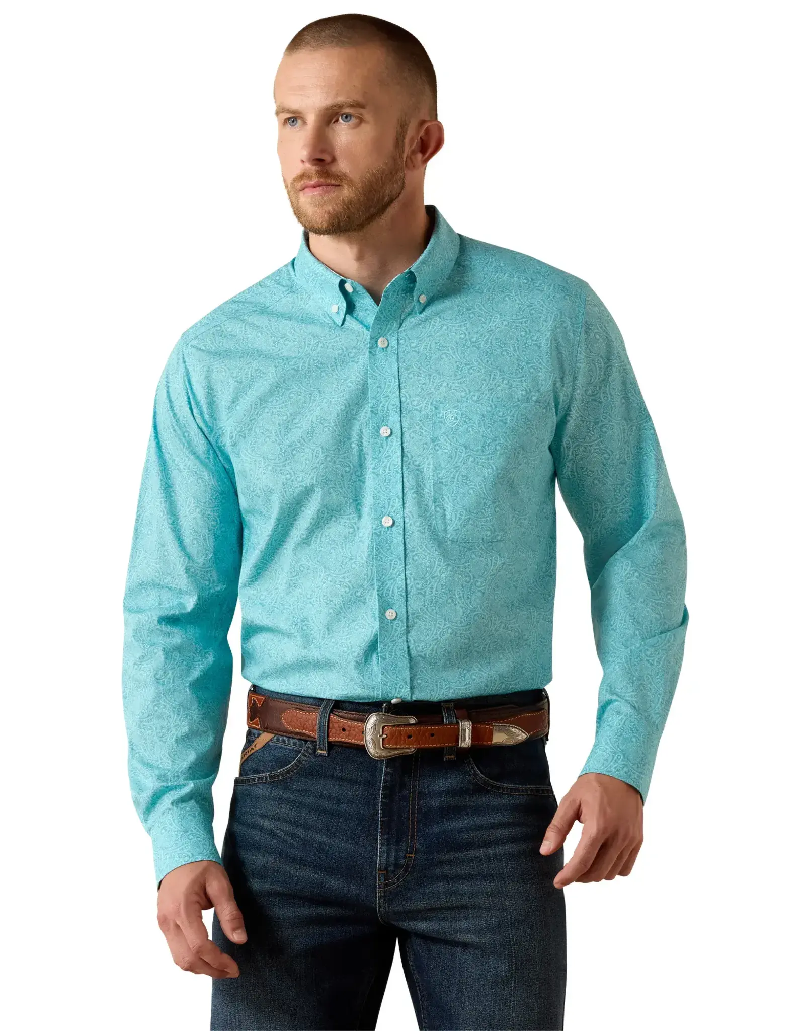 Ariat Mens Ariat Turquoise Paisley Wrinkle Free Fitted Western Button Shirt