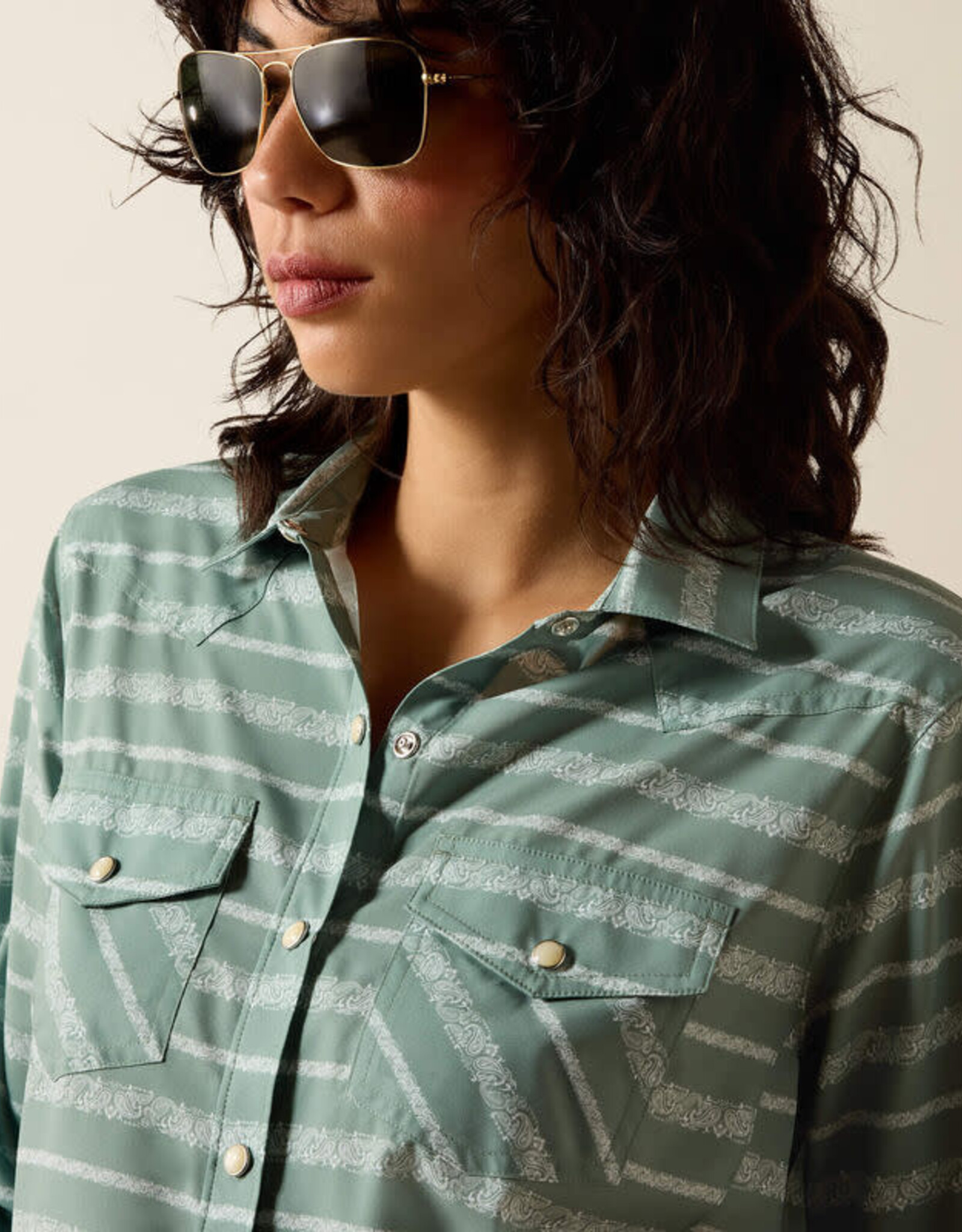 Ariat Womens Ariat Green Paisley Stripe Long Sleeve Western VentTEK Snap Shirt