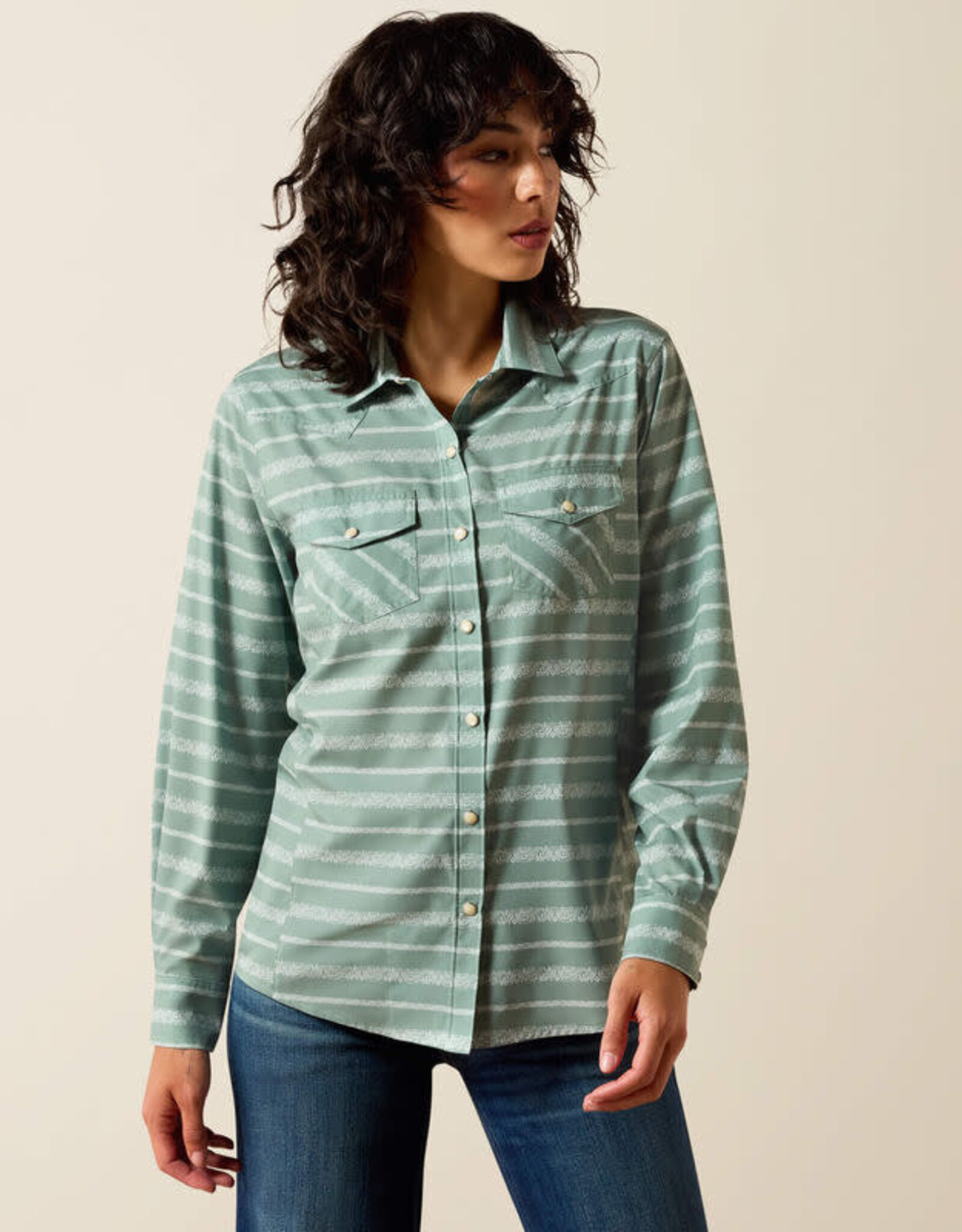Ariat Womens Ariat Green Paisley Stripe Long Sleeve Western VentTEK Snap Shirt