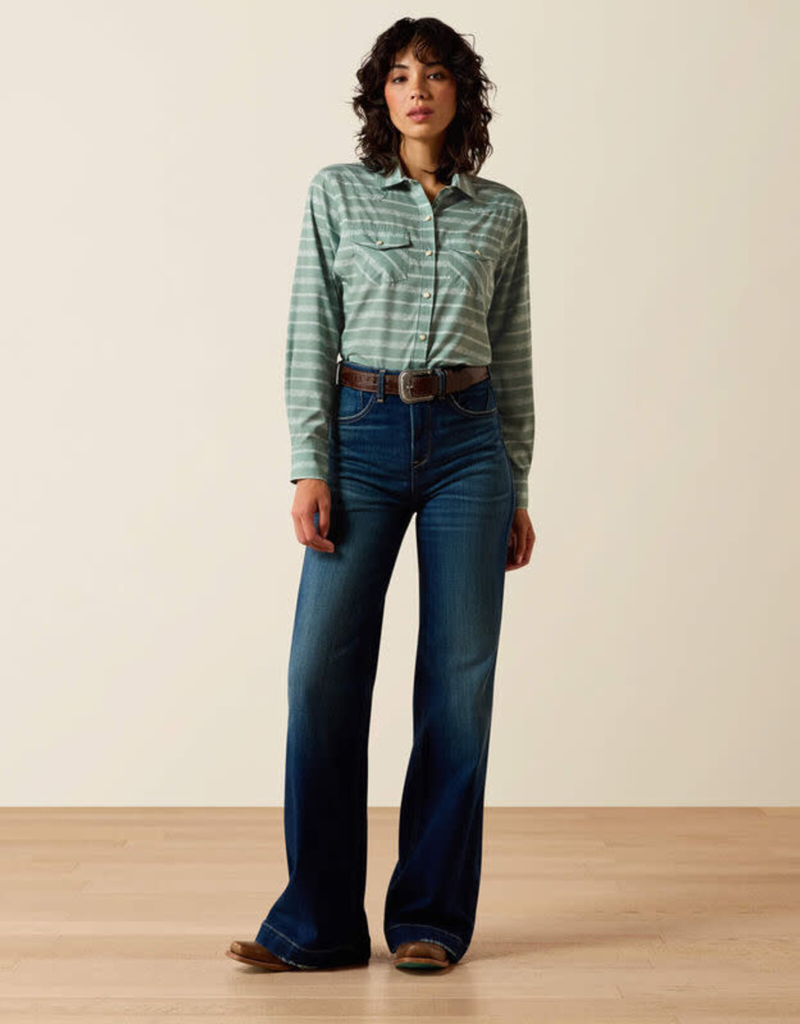 Ariat Womens Ariat Green Paisley Stripe Long Sleeve Western VentTEK Snap Shirt