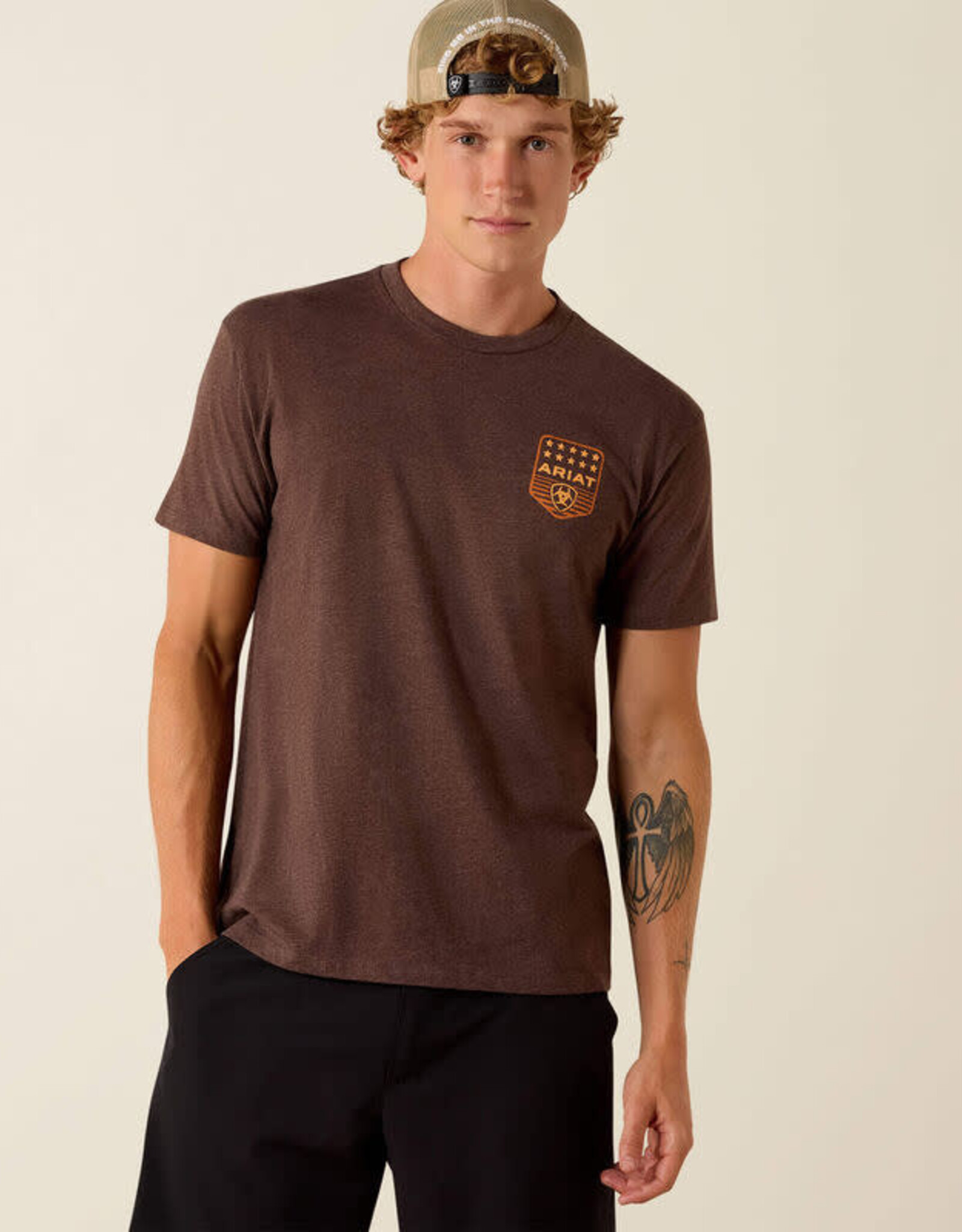 Ariat Mens Ariat Heather Brown Stripe Patriotic Badge T-Shirt
