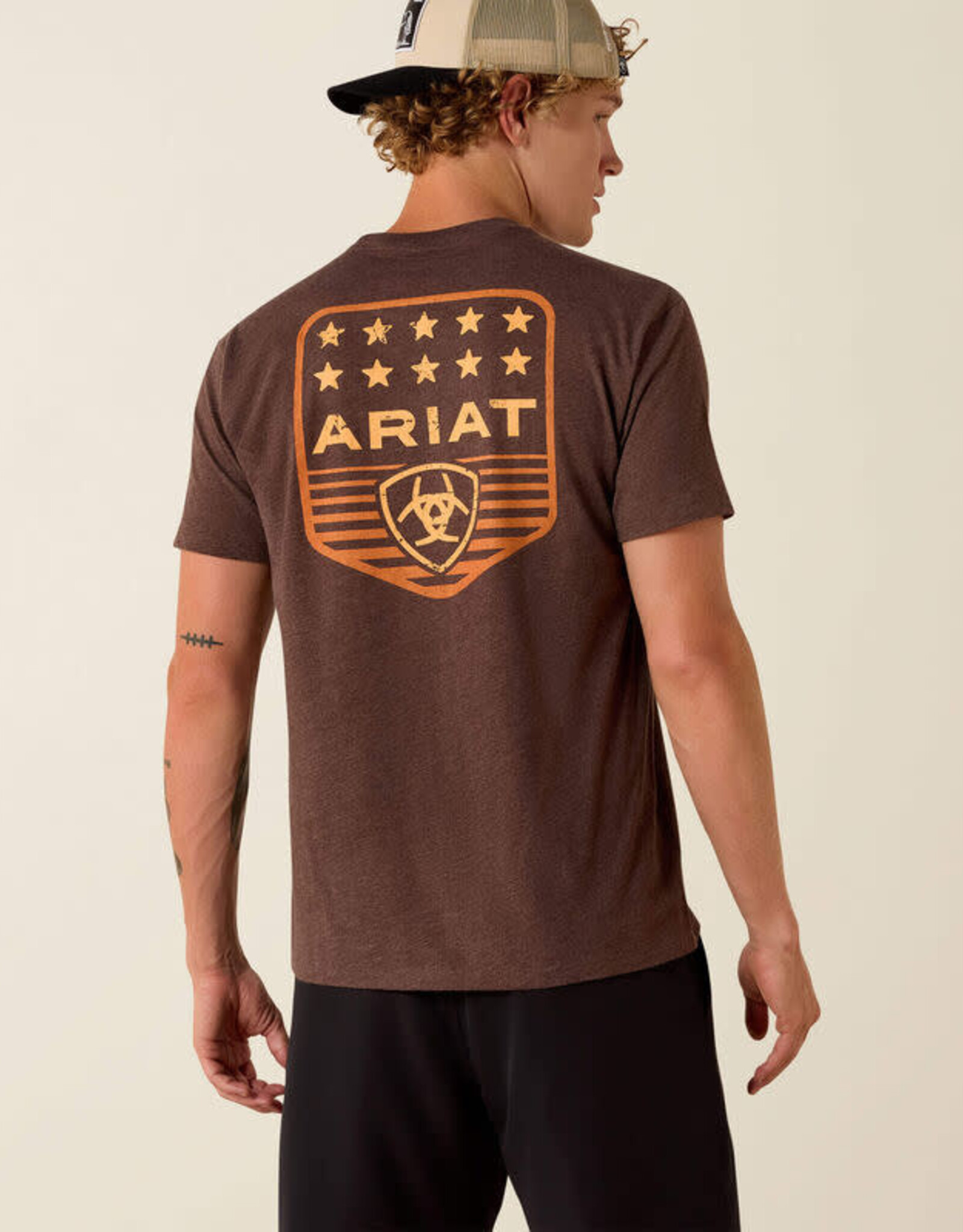 Ariat Mens Ariat Heather Brown Stripe Patriotic Badge T-Shirt
