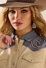 Ariat Womens Ariat Tan Denim Horseshoe Long Sleeve Western Snap Shirt