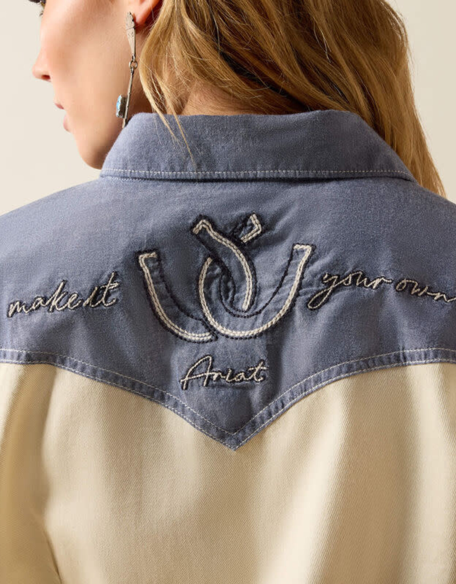 Ariat Womens Ariat Tan Denim Horseshoe Long Sleeve Western Snap Shirt