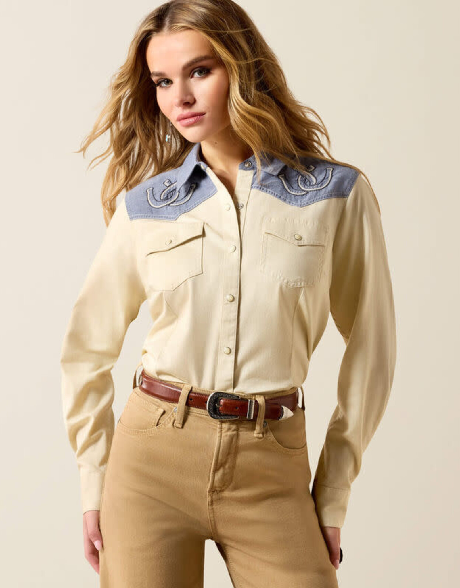 Ariat Womens Ariat Tan Denim Horseshoe Long Sleeve Western Snap Shirt