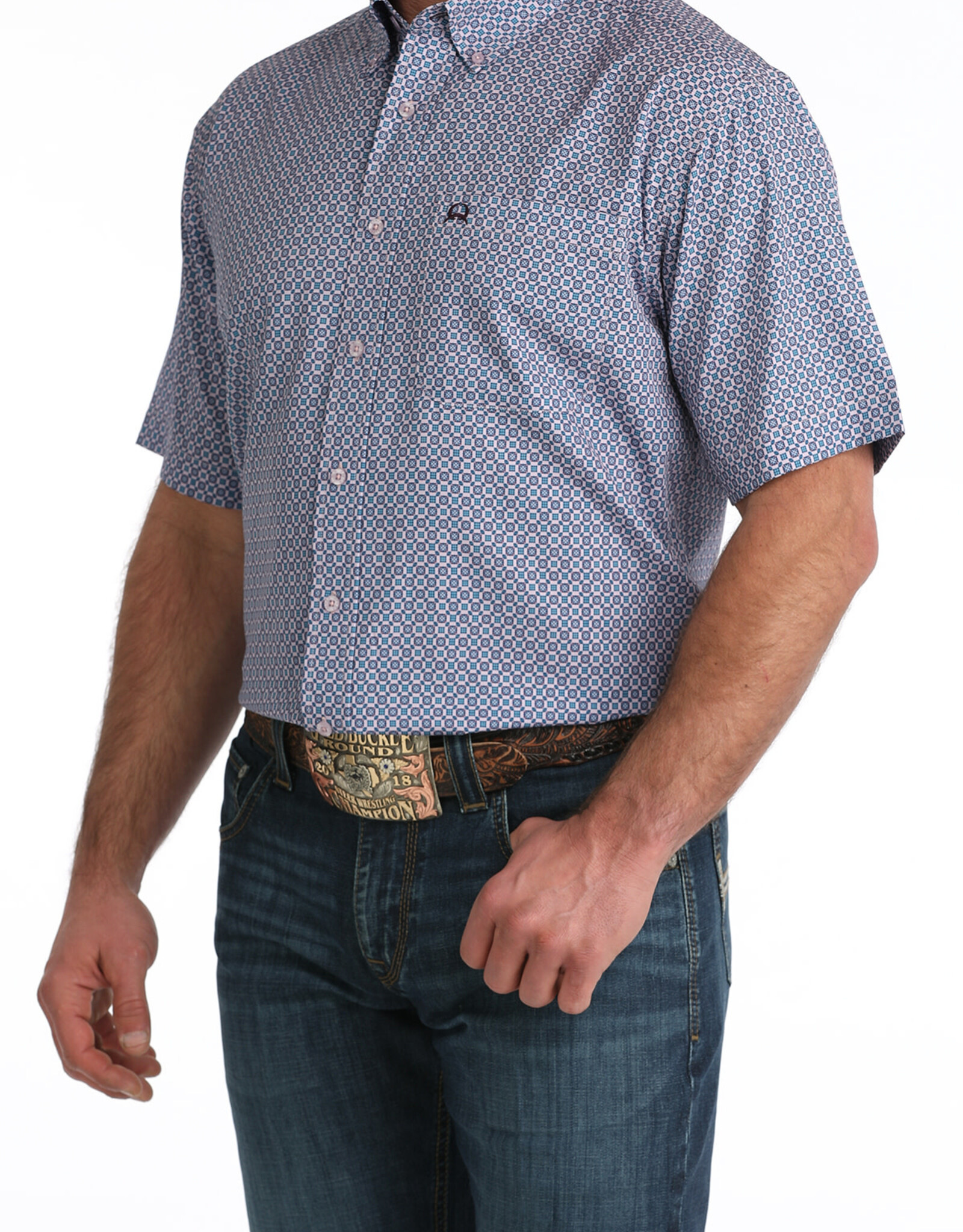 Cinch Mens Cinch Lilac Print Short Sleeve Arena Flex Western Button Shirt